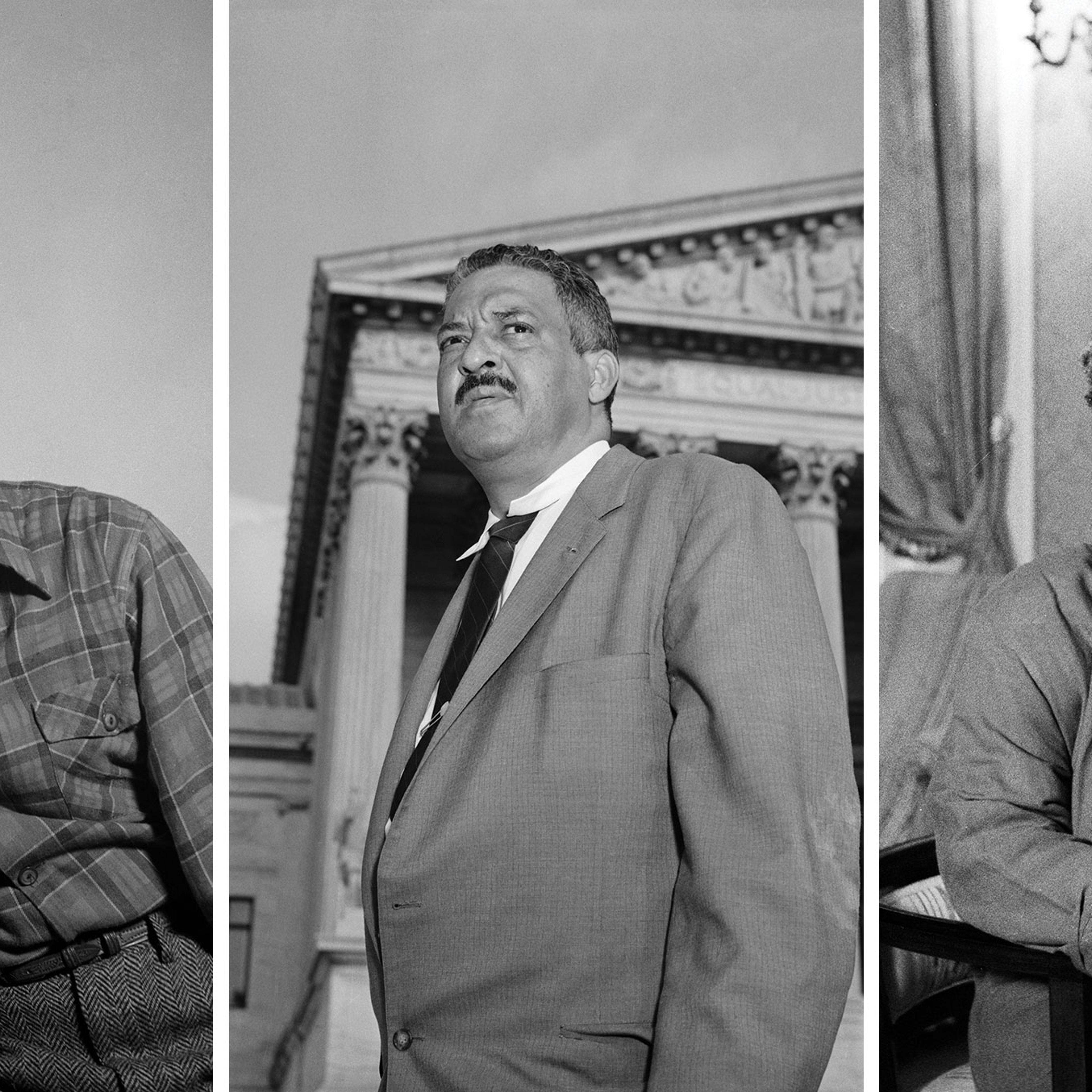 Black and white triptych showing Langston Hughes, Thurgood Marshall, and Toni Morrison