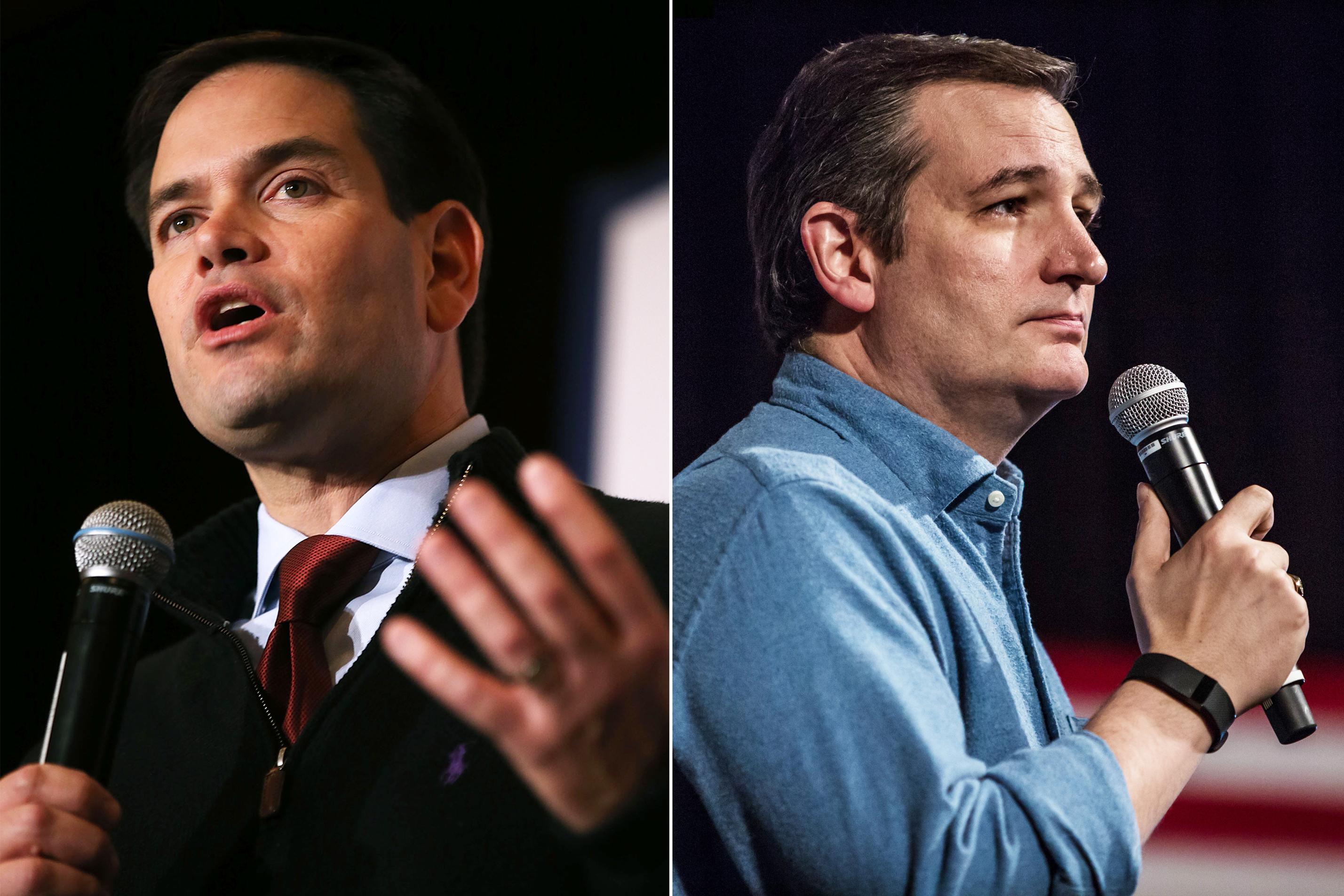 Marco Rubio in Las Vegas, on Dec. 14, 2015 (L); Ted Cruz in Ames, Iowa, on Jan. 30, 2016.
