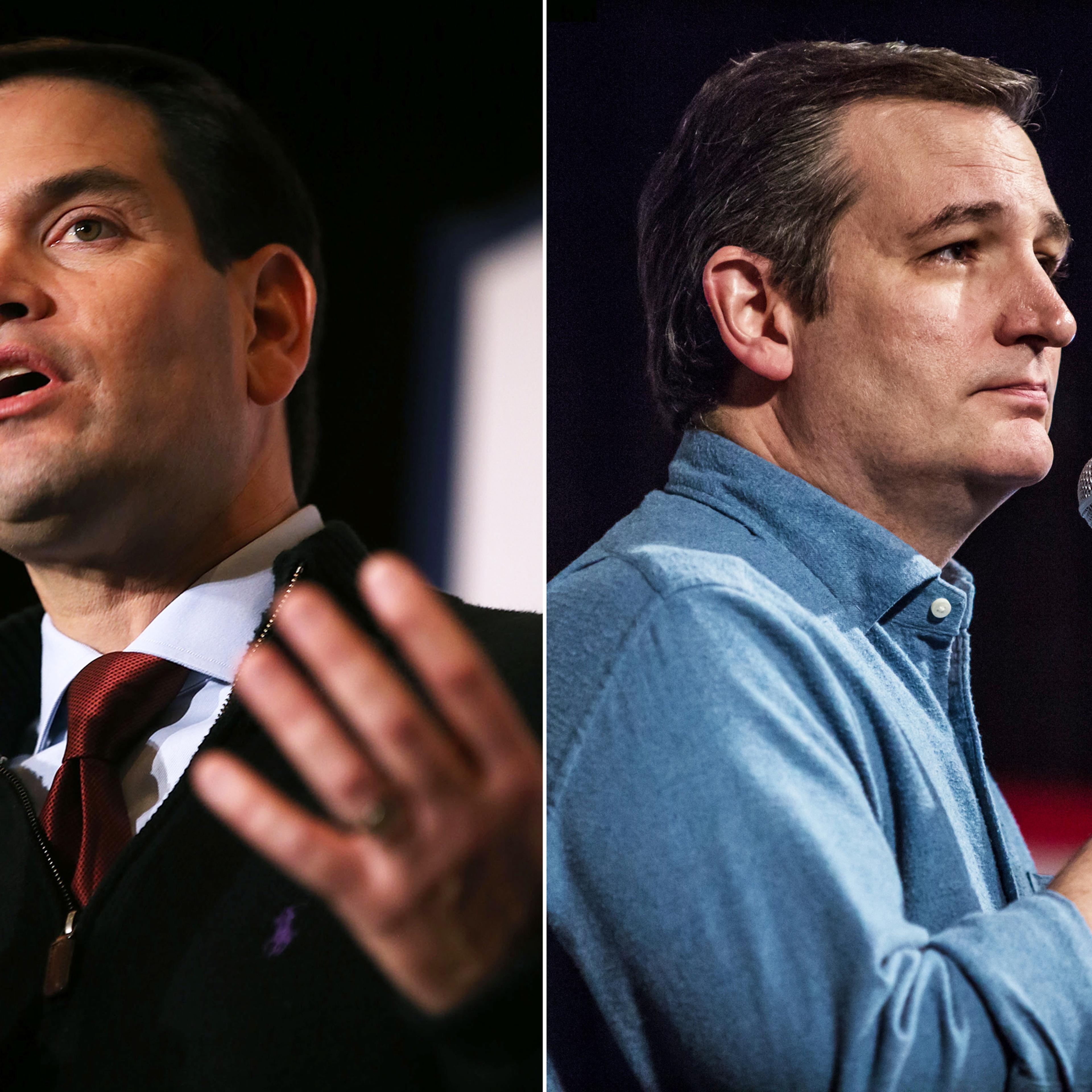 Marco Rubio in Las Vegas, on Dec. 14, 2015 (L); Ted Cruz in Ames, Iowa, on Jan. 30, 2016.