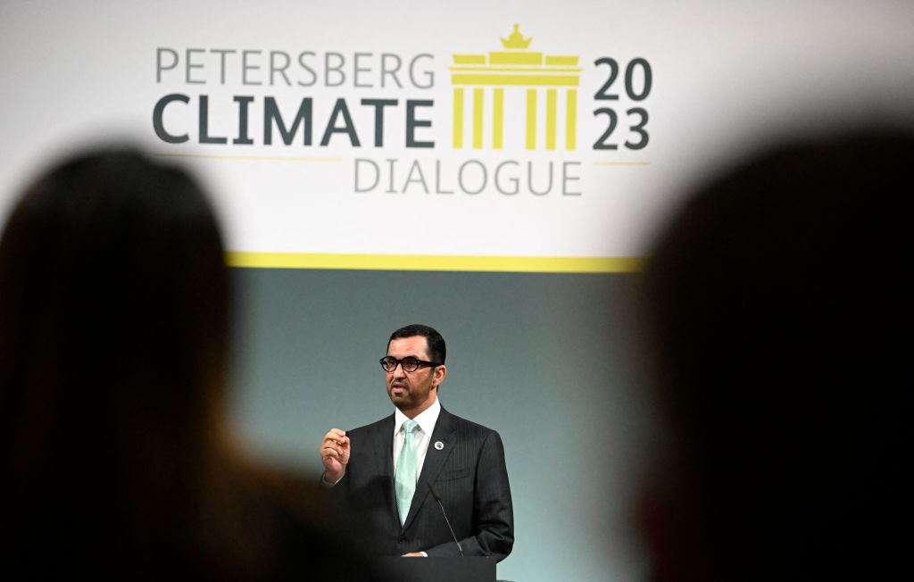 The Minister of Industry and Advanced Technology in the United Arab Emirates (UAE) and COP28 UAE President-Designate Sultan Al Jaber speaks at the start of the Petersberg Climate Dialogue, a conference that focuses on laying the groundwork for the COP28 