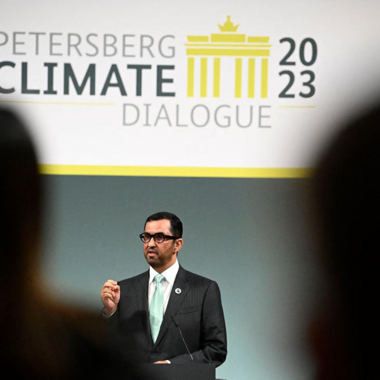 The Minister of Industry and Advanced Technology in the United Arab Emirates (UAE) and COP28 UAE President-Designate Sultan Al Jaber speaks at the start of the Petersberg Climate Dialogue, a conference that focuses on laying the groundwork for the COP28