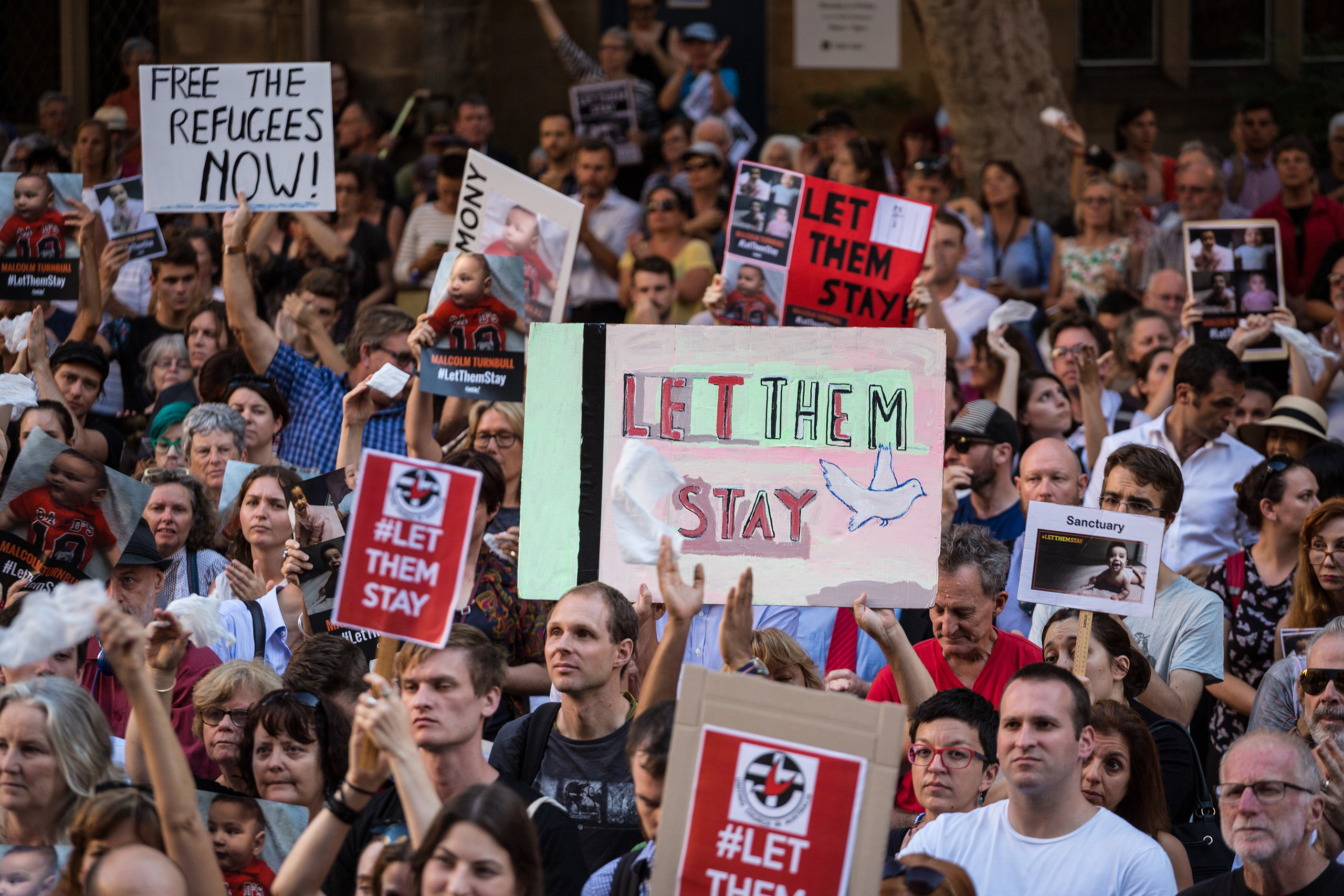 Thousands of protesters demonstrate at Town Hall Square in Sydney, Australia, on Feb. 8, 2016, against the offshore detention and detention of asylum seeker children to the offshore processing centers of Manus Island and Nauru.