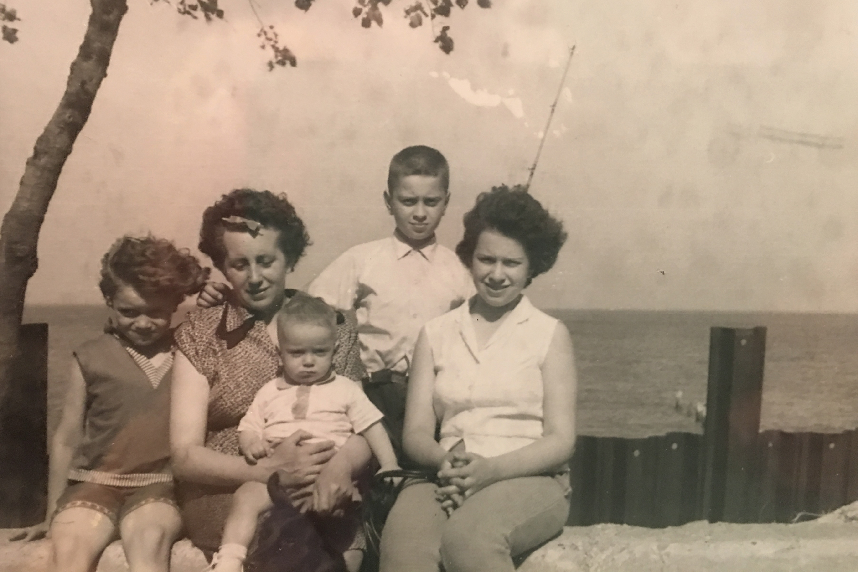 Susan Peterson, Rosalie Buky, Gabriel Buky, Judith Kepecz-Hays and John Buky by Lake Michigan in 1963.