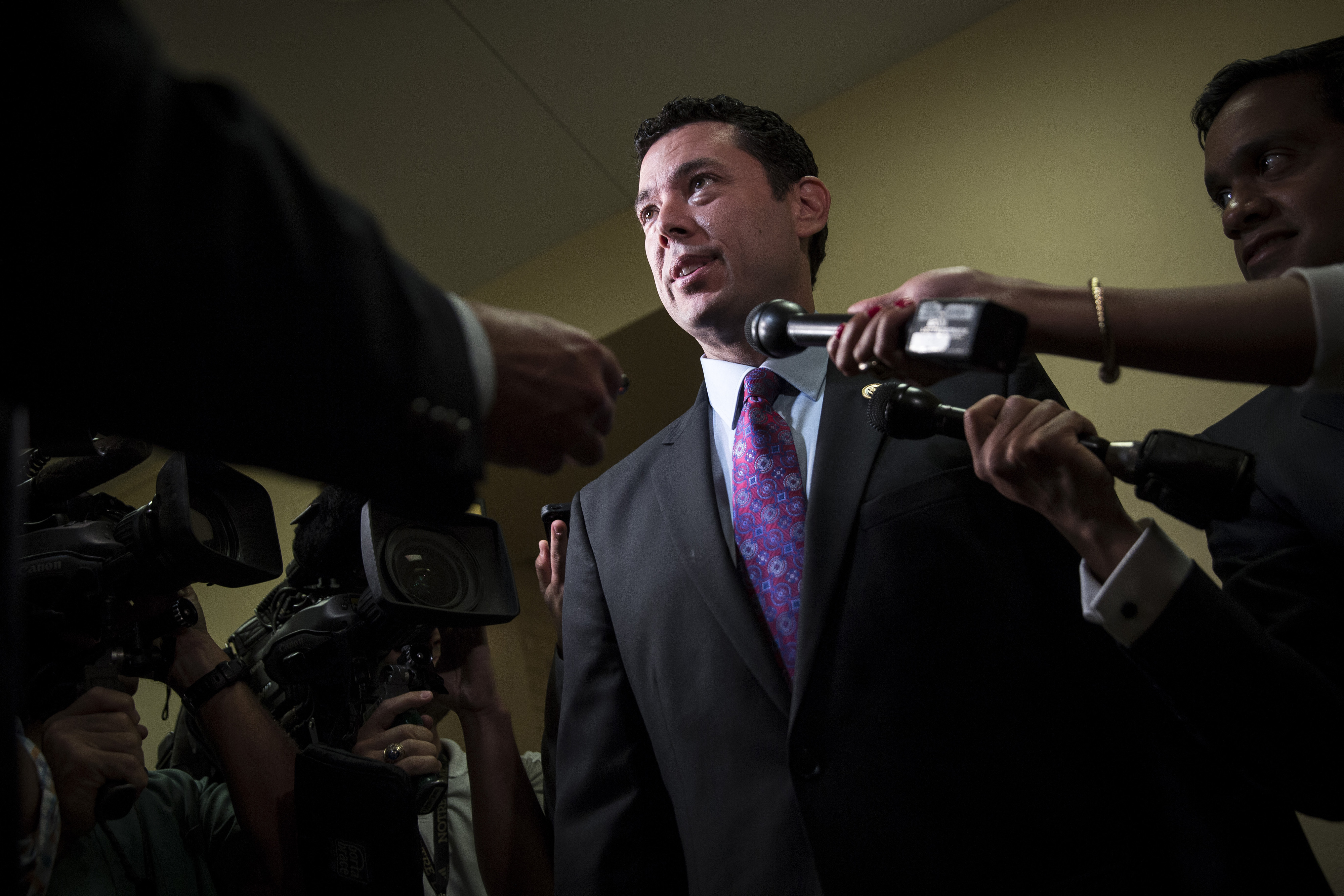 Jason Chaffetz speaks to the media while leaving a House Republican conference meeting on Capitol Hill in Washington, D.C., on Oct. 8, 2015.
