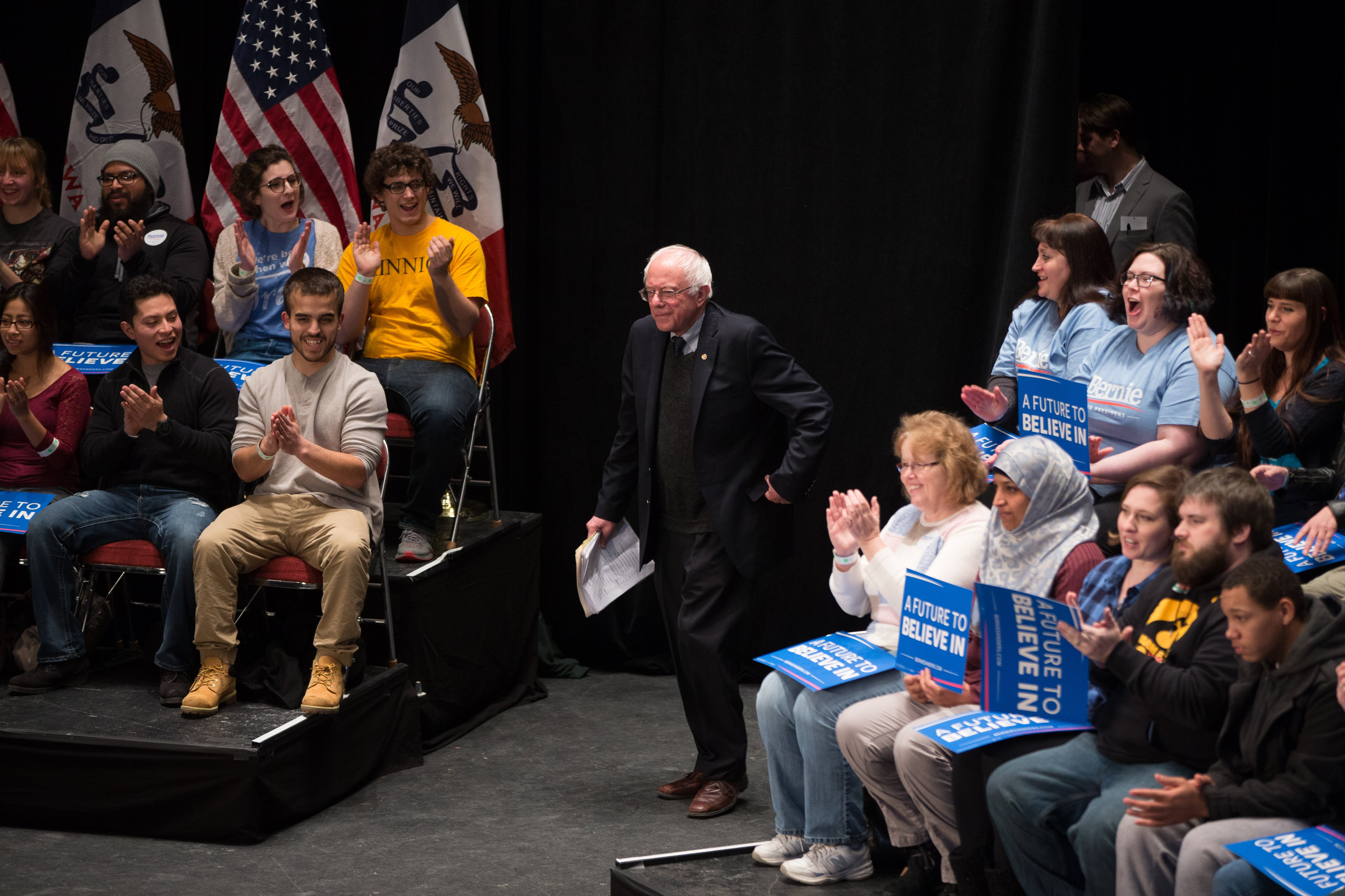 Democratic presidential candidate Sen. Bernie Sanders, I-Vt., takes the stage to speak at a town hall at the Orpheum Theater in Sioux City, Iowa on Jan. 19, 2016.