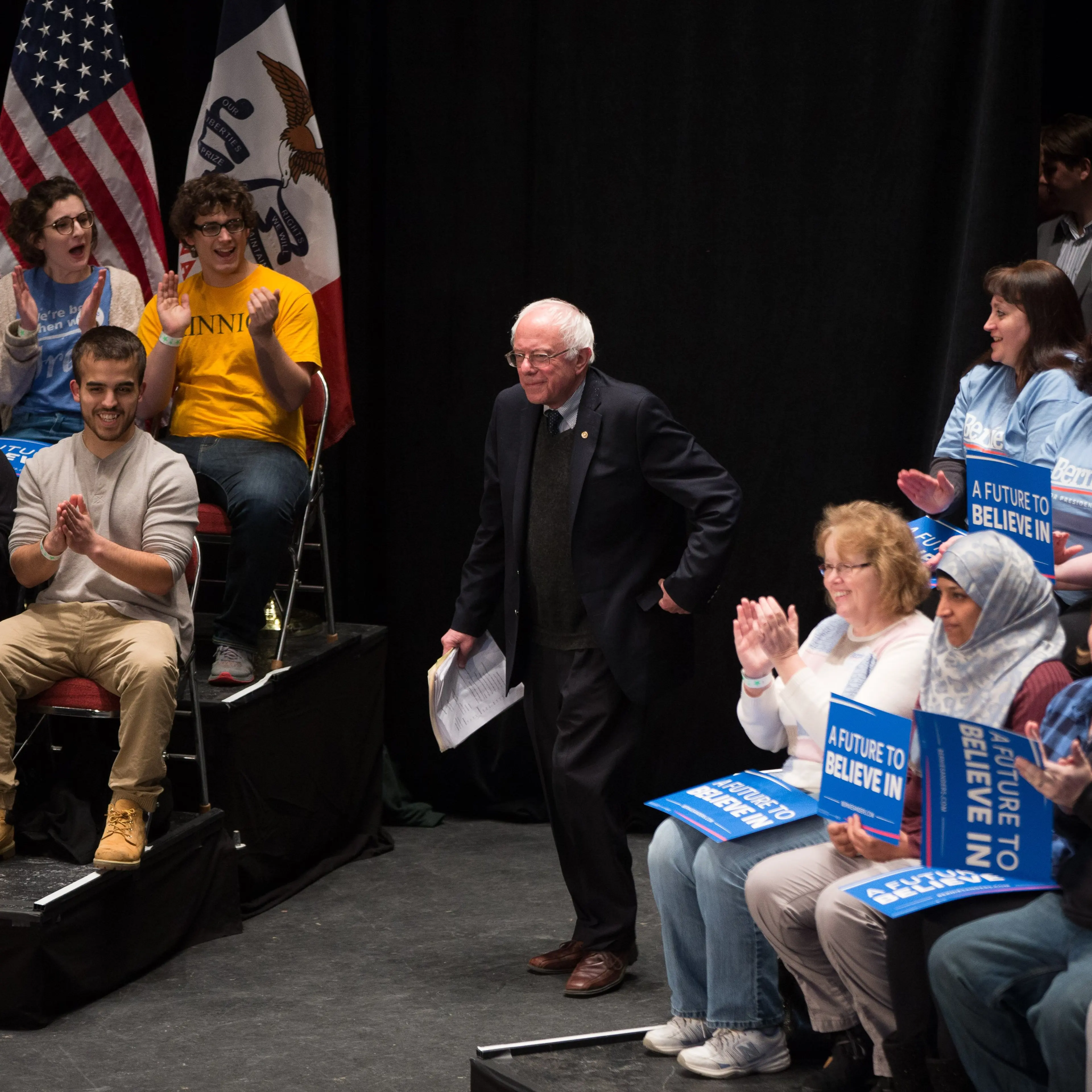 Democratic presidential candidate Sen. Bernie Sanders, I-Vt., takes the stage to speak at a town hall at the Orpheum Theater in Sioux City, Iowa on Jan. 19, 2016.