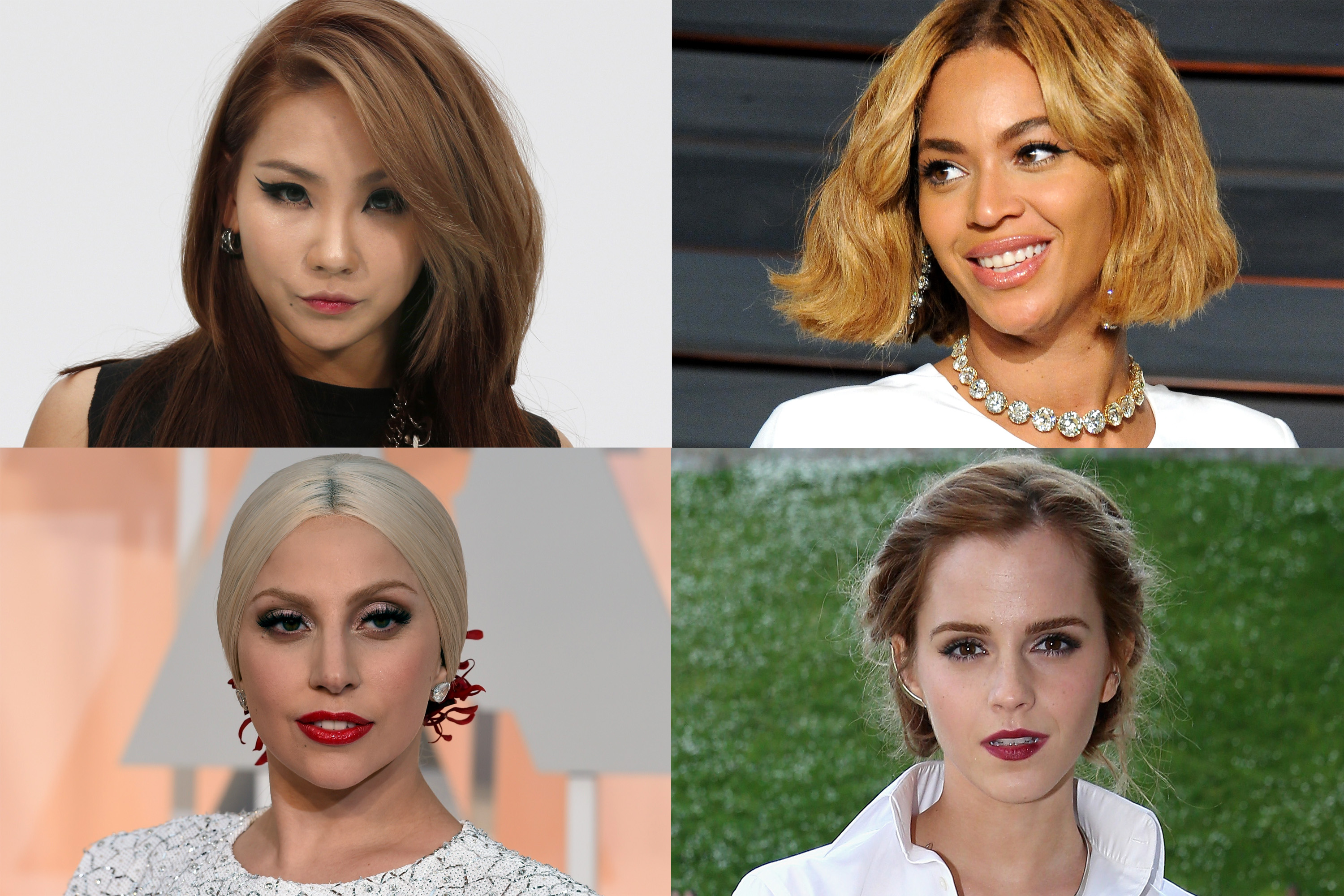Clockwise from upper left: CL of 2NE1, Beyoncé, Emma Watson and Lady Gaga