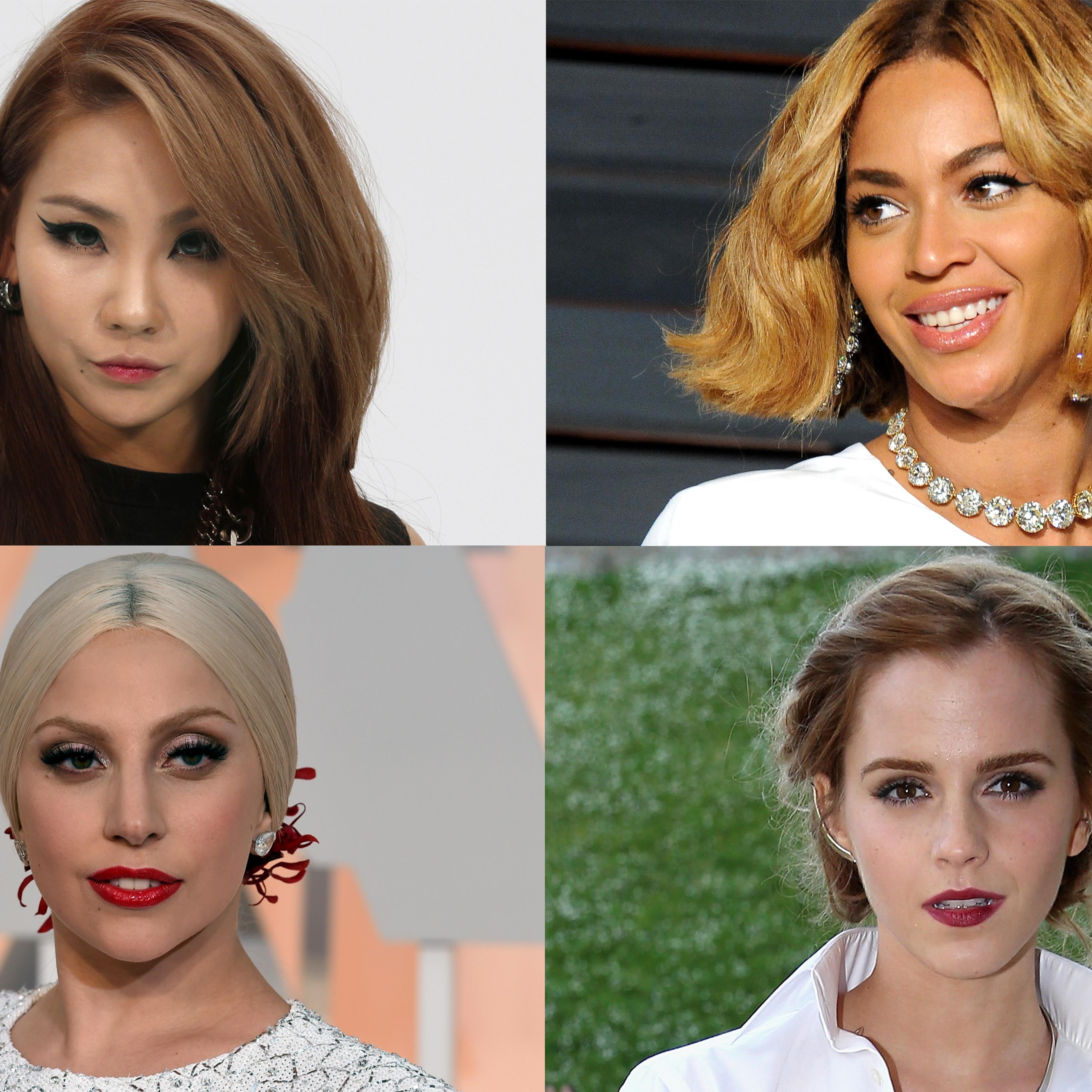 Clockwise from upper left: CL of 2NE1, Beyoncé, Emma Watson and Lady Gaga