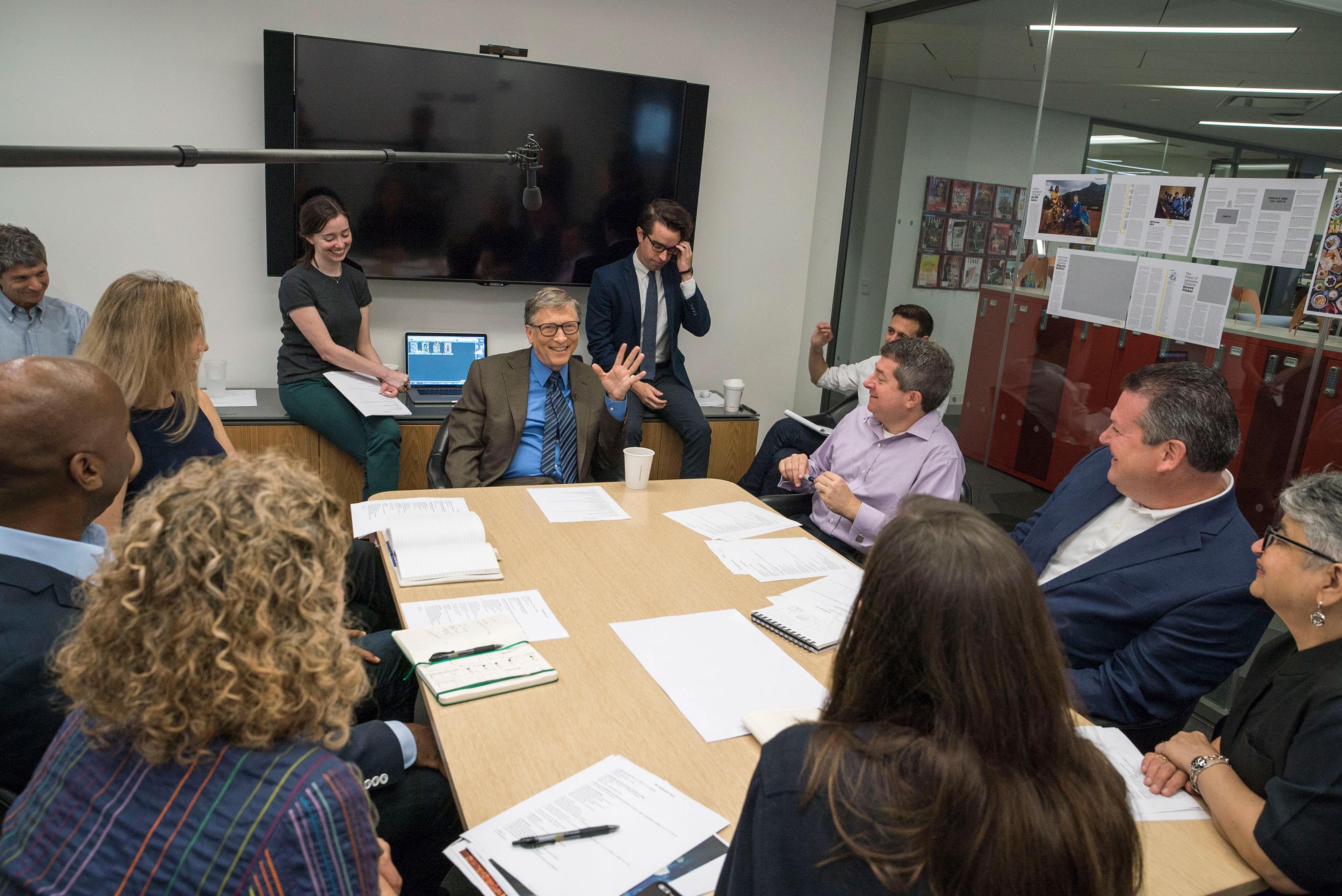 Bill Gates, the first guest editor in TIME’s 94-year history, meets with the publication’s staff.