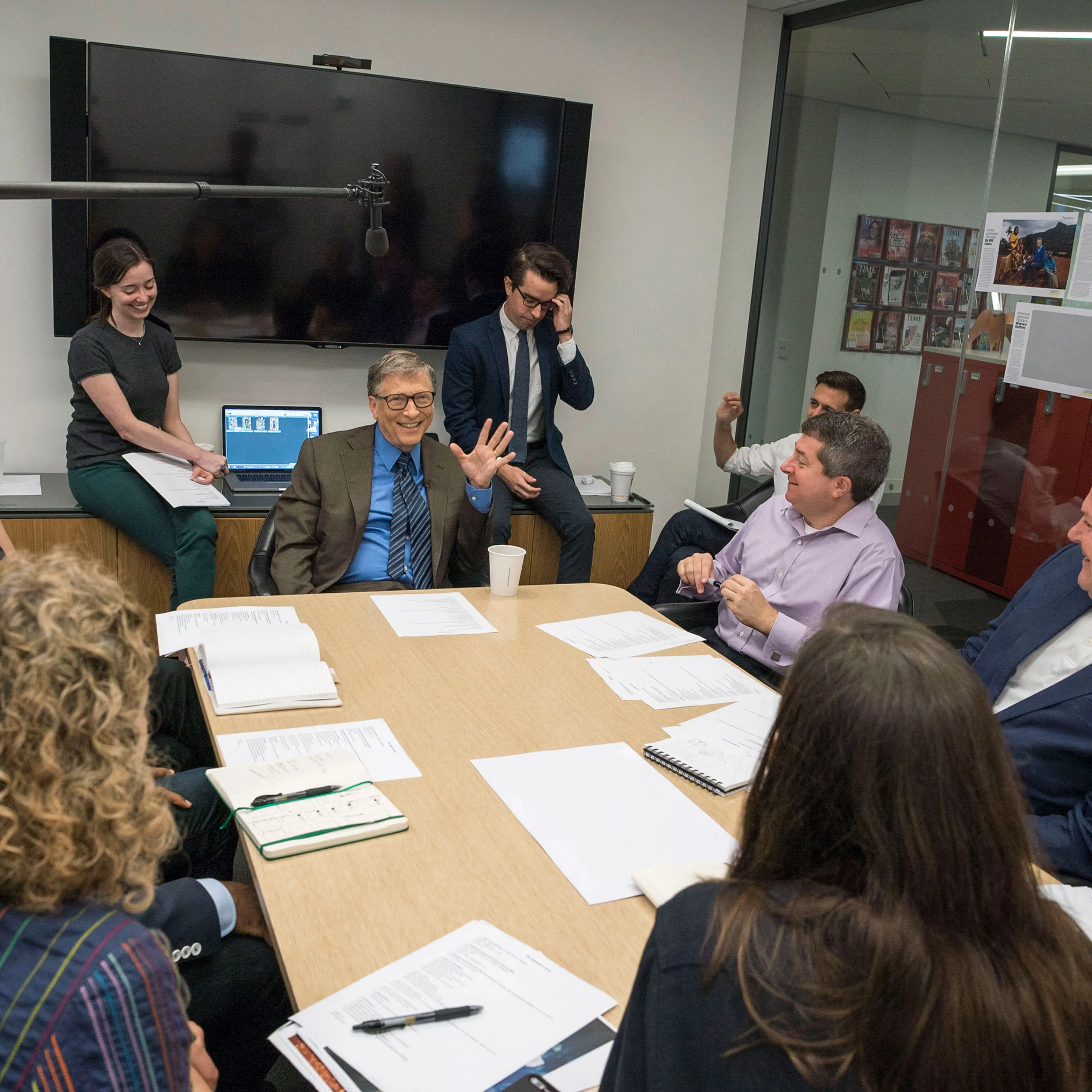 Bill Gates, the first guest editor in TIME’s 94-year history, meets with the publication’s staff.