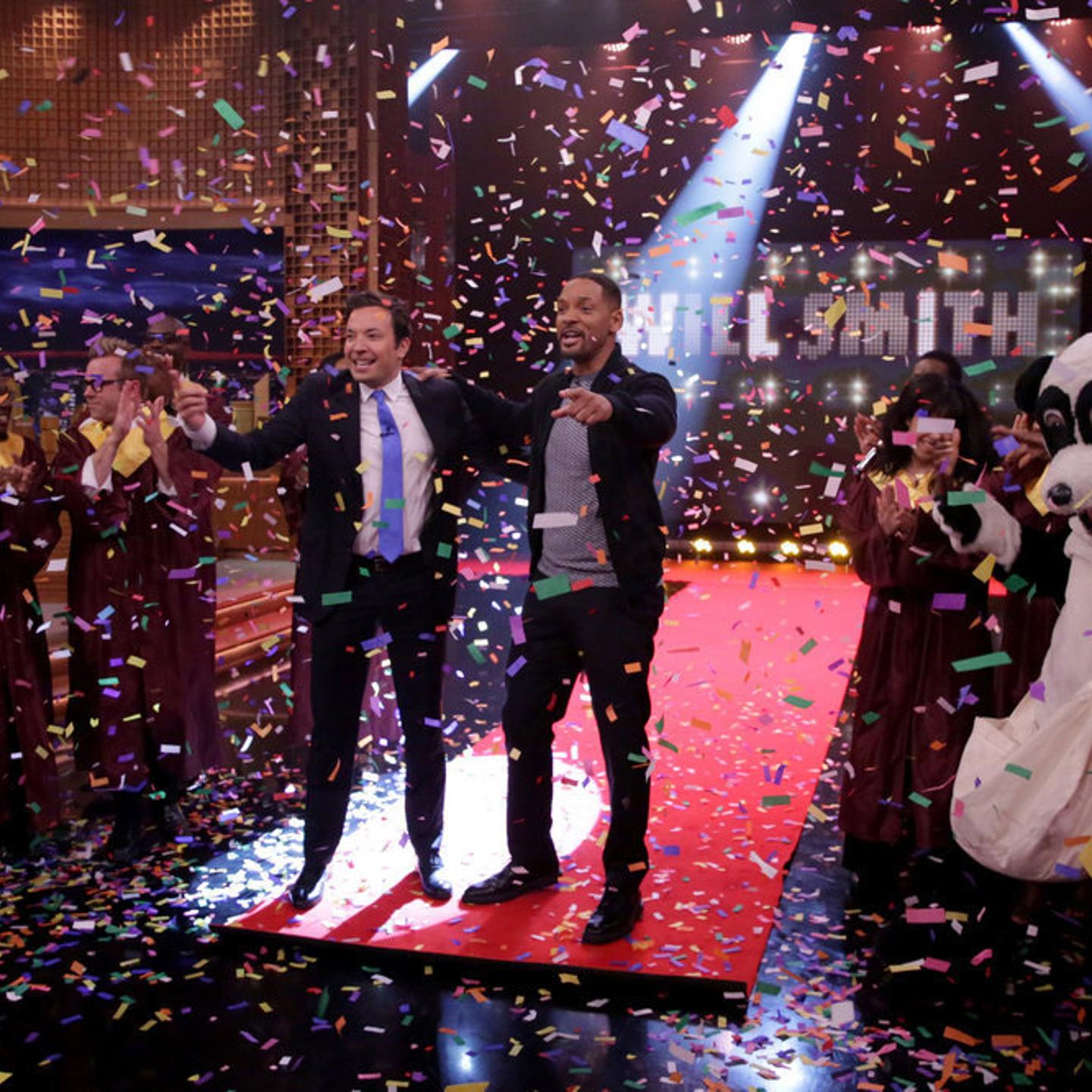 Jimmy Fallon celebrates with actor Will Smith on July 28, 2016.
