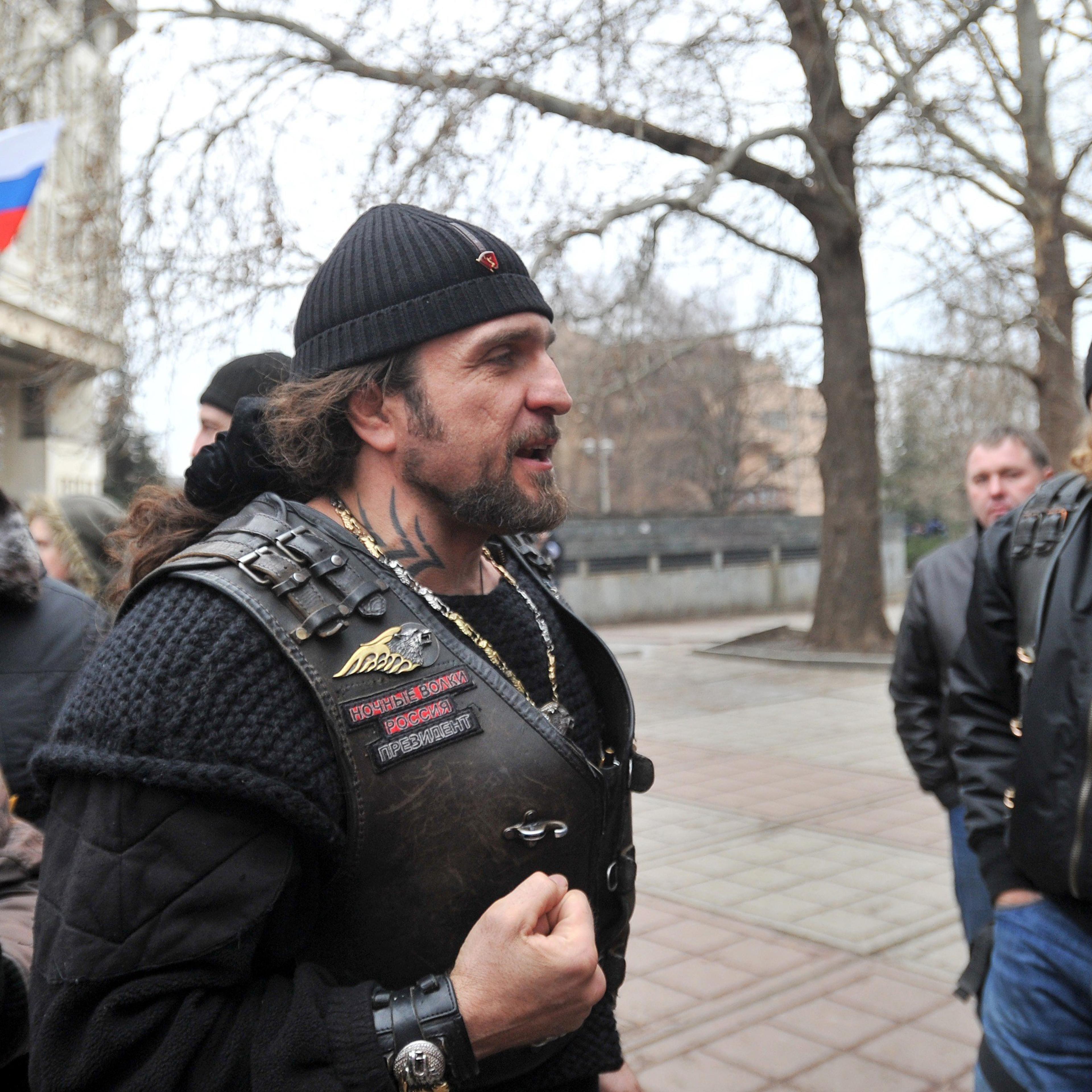 Alexander Zaldostanov attends a rally of pro-Russian activists waving the Russian flag, in front of the local parliament building on February 28, 2014 in Simferopol, Crimea, Ukraine.