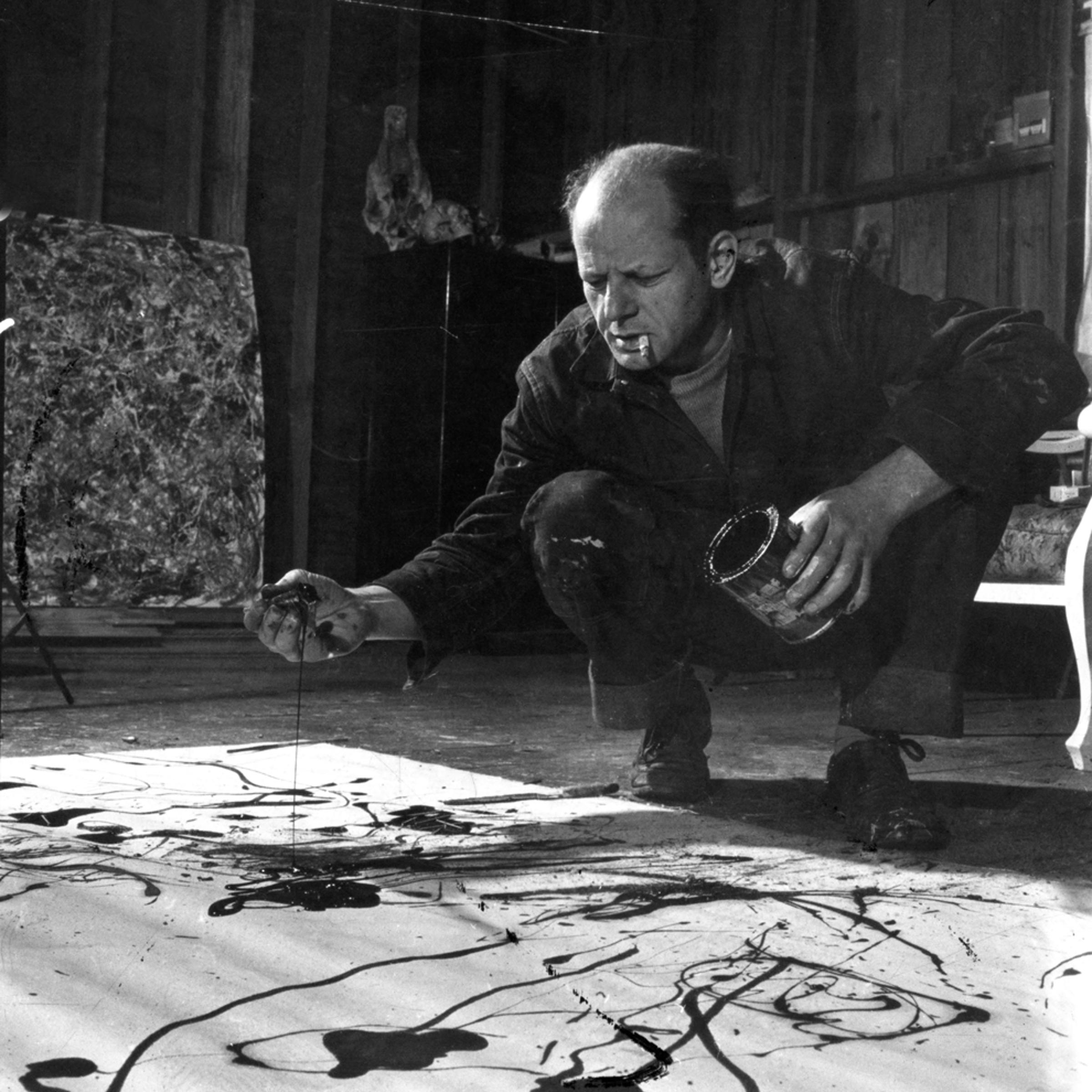 Jackson Pollock works in his Long Island studio, 1949.