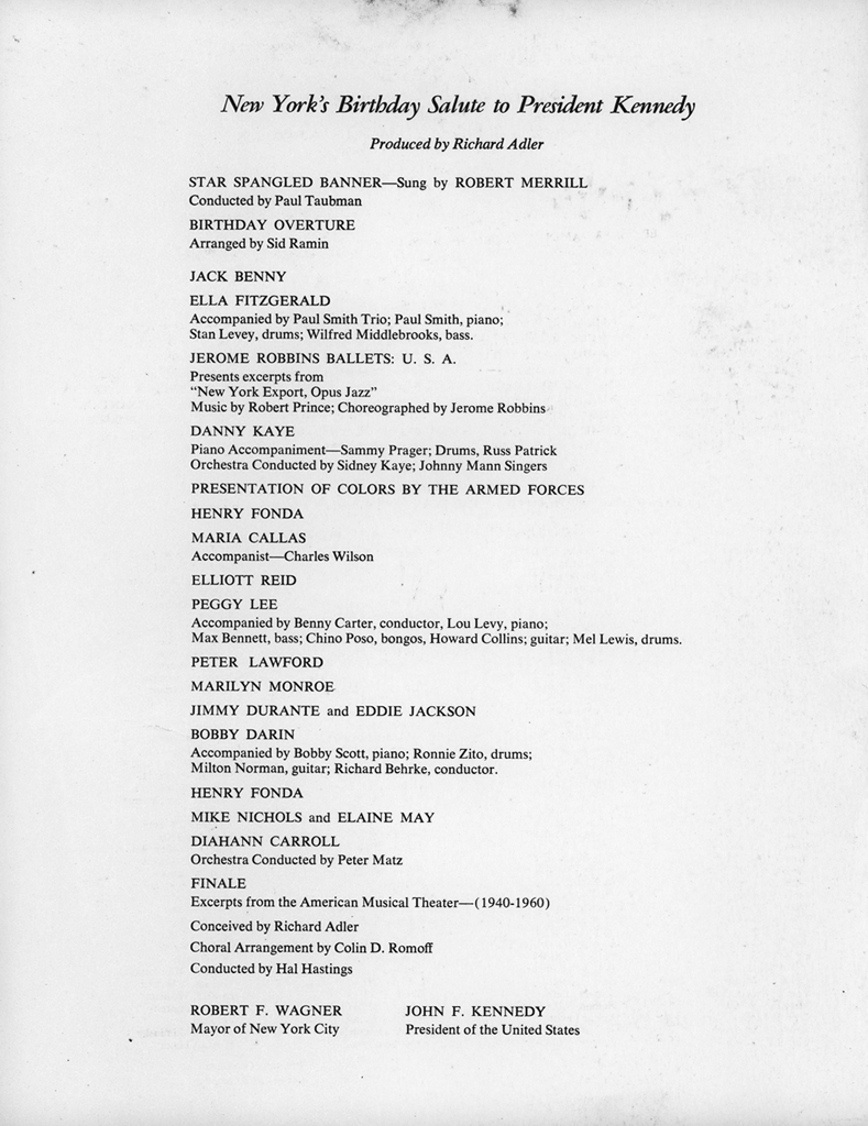The lineup of performers for a "Birthday Salute" in honor of President John F. Kennedy, New York, May 19, 1962.