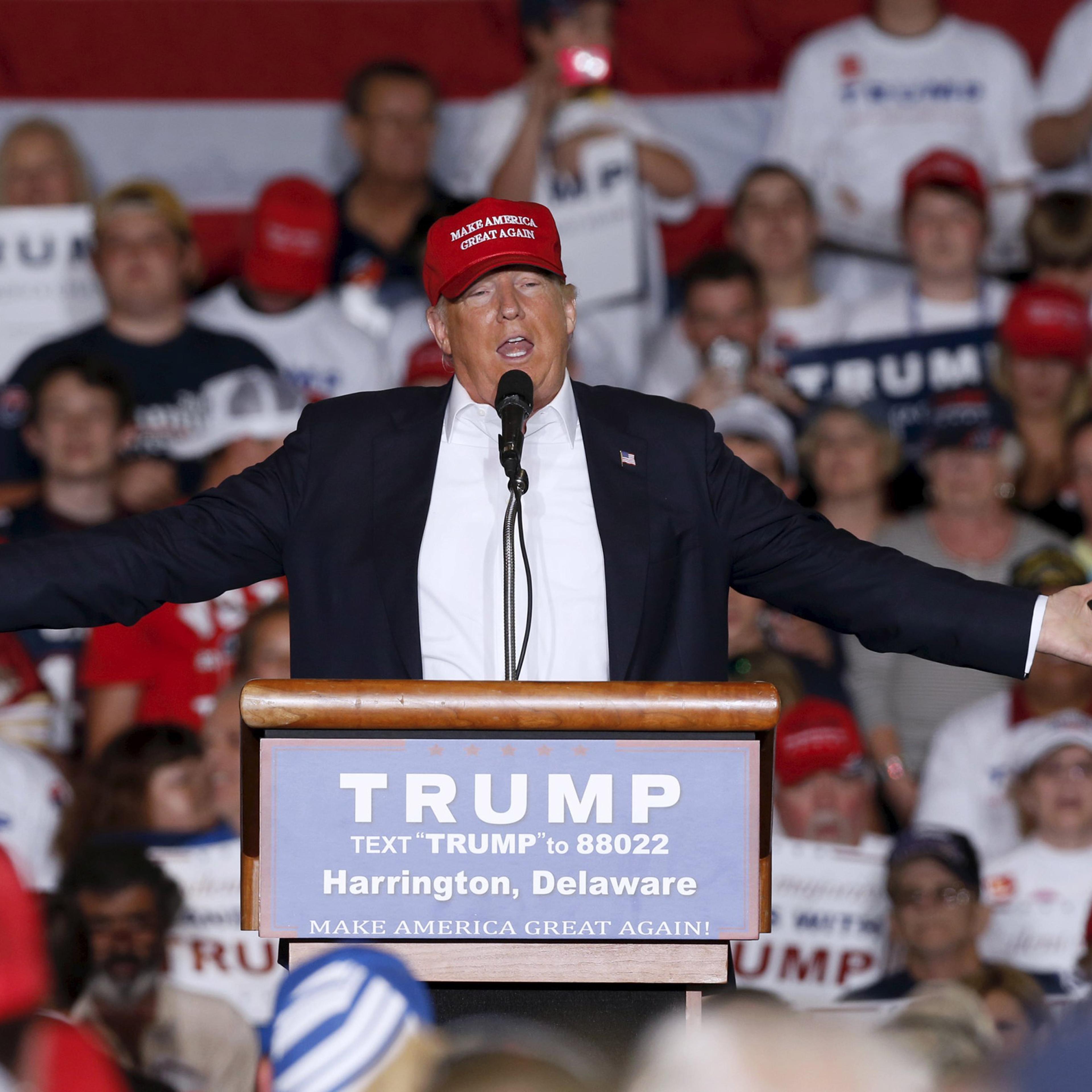 Republican presidential candidate Donald Trump holds a rally with supporters in Harrington, Delaware, U.S., April 22, 2016.