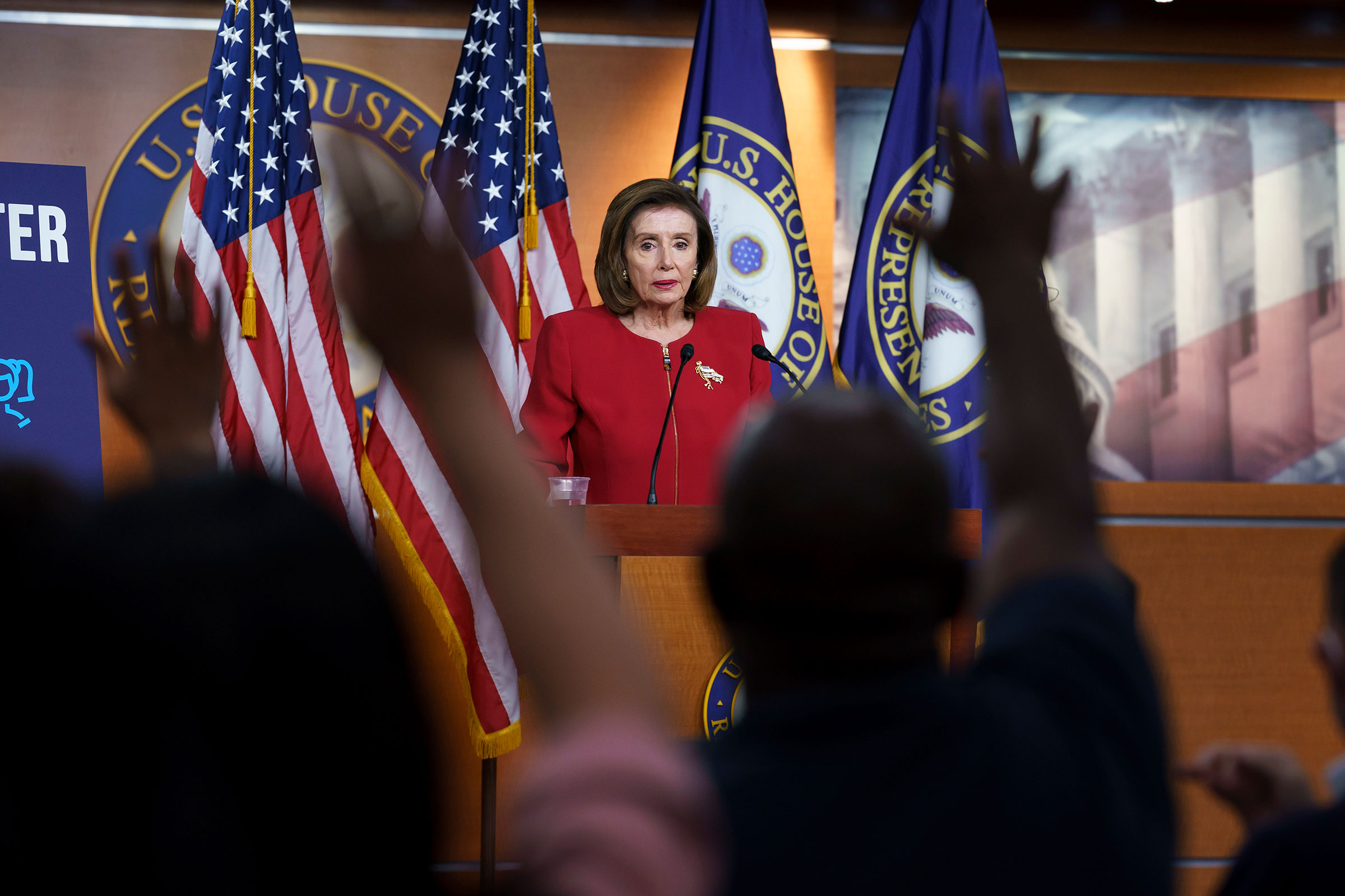 Speaker of the House Nancy Pelosi meets with reporters to discuss President Joe Biden's domestic agenda including passing a bipartisan infrastructure bill and pushing through a Democrats-only expansion of the social safety net, the at the Capitol in Wash