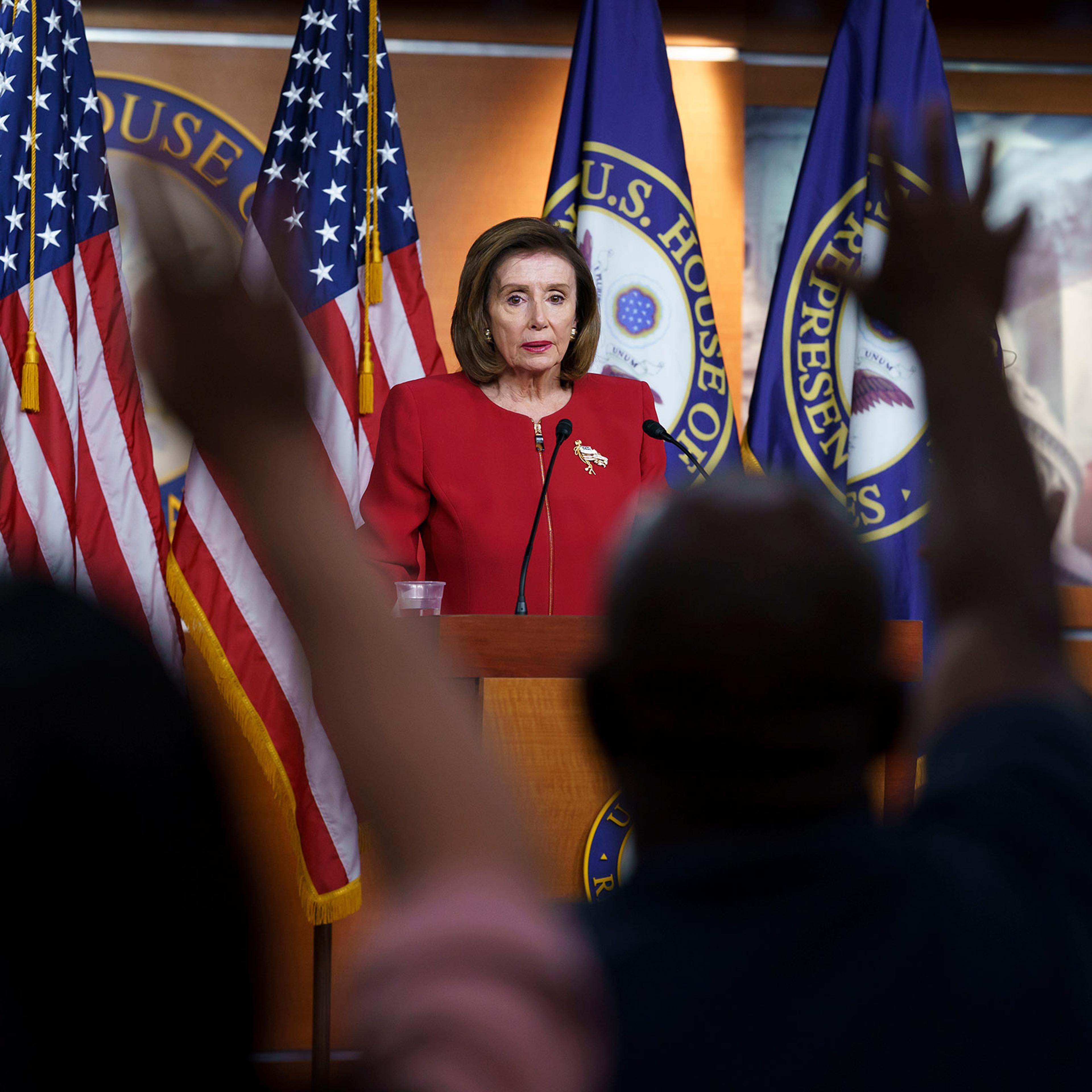 Speaker of the House Nancy Pelosi meets with reporters to discuss President Joe Biden's domestic agenda including passing a bipartisan infrastructure bill and pushing through a Democrats-only expansion of the social safety net, the at the Capitol in Wash