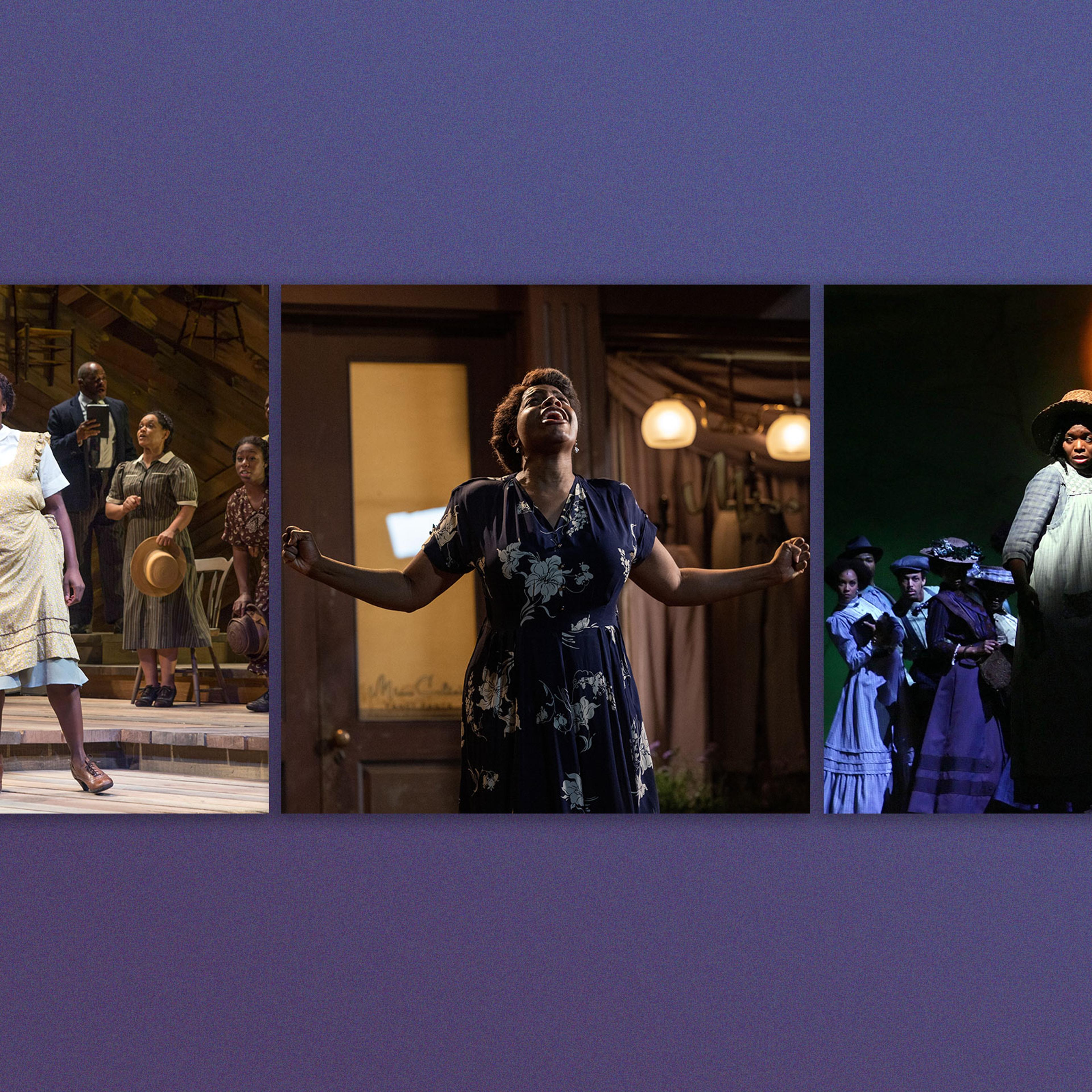 A side by side image on a purple background showing Cynthia Erivo as Celie in The Color Purple at the Bernard B. Jacobs Theatre in New York, Nov. 7, 2015; Fantasia Barrino as Celie in Warner Bros. Entertainment's The Color Purple; LaChanze, center, in Th