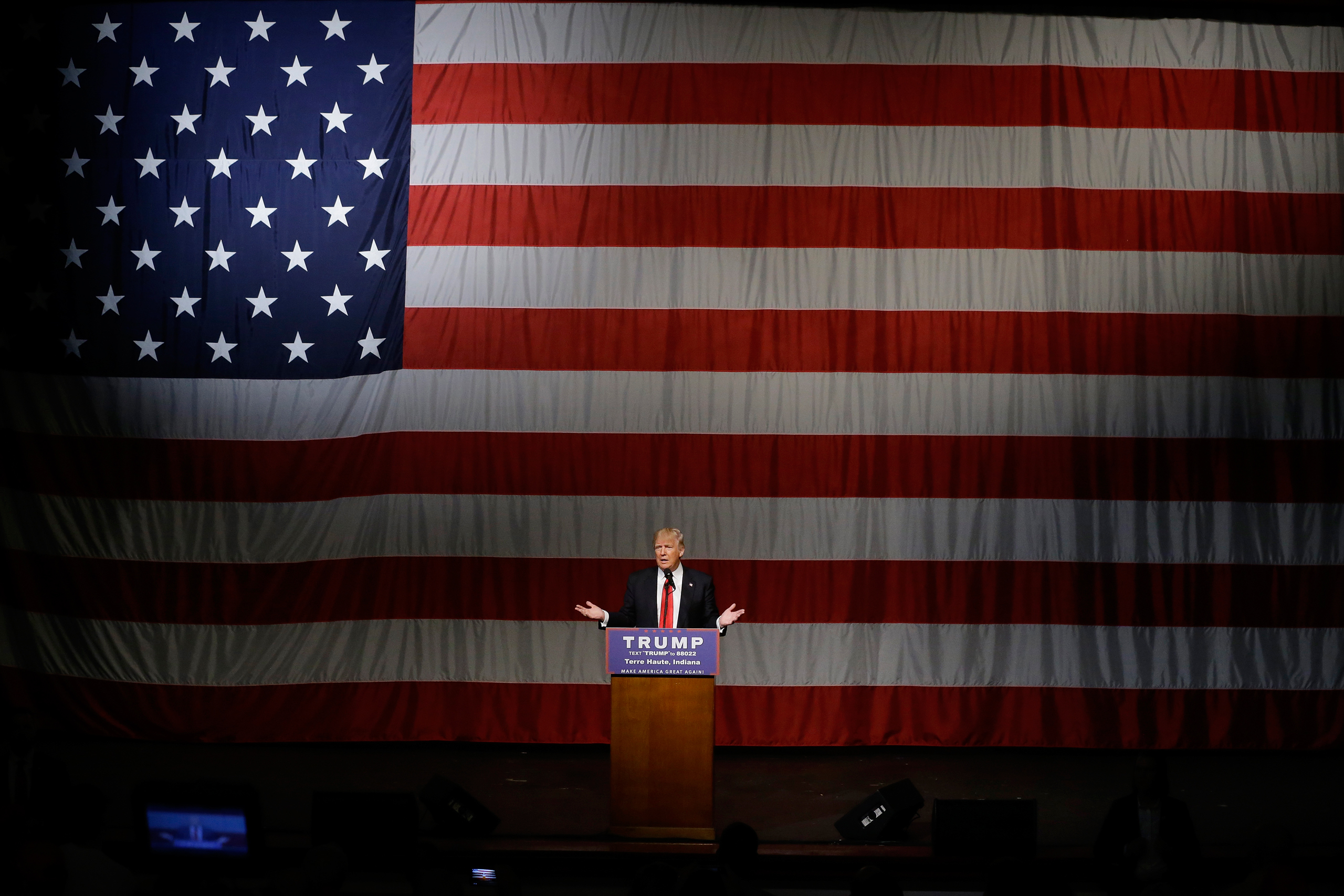 Republican presidential candidate Donald Trump speaks during a campaign rally at the Indiana Theater Sunday, May 1, 2016, in Terre Haute, Ind. (AP Photo/Seth Perlman)