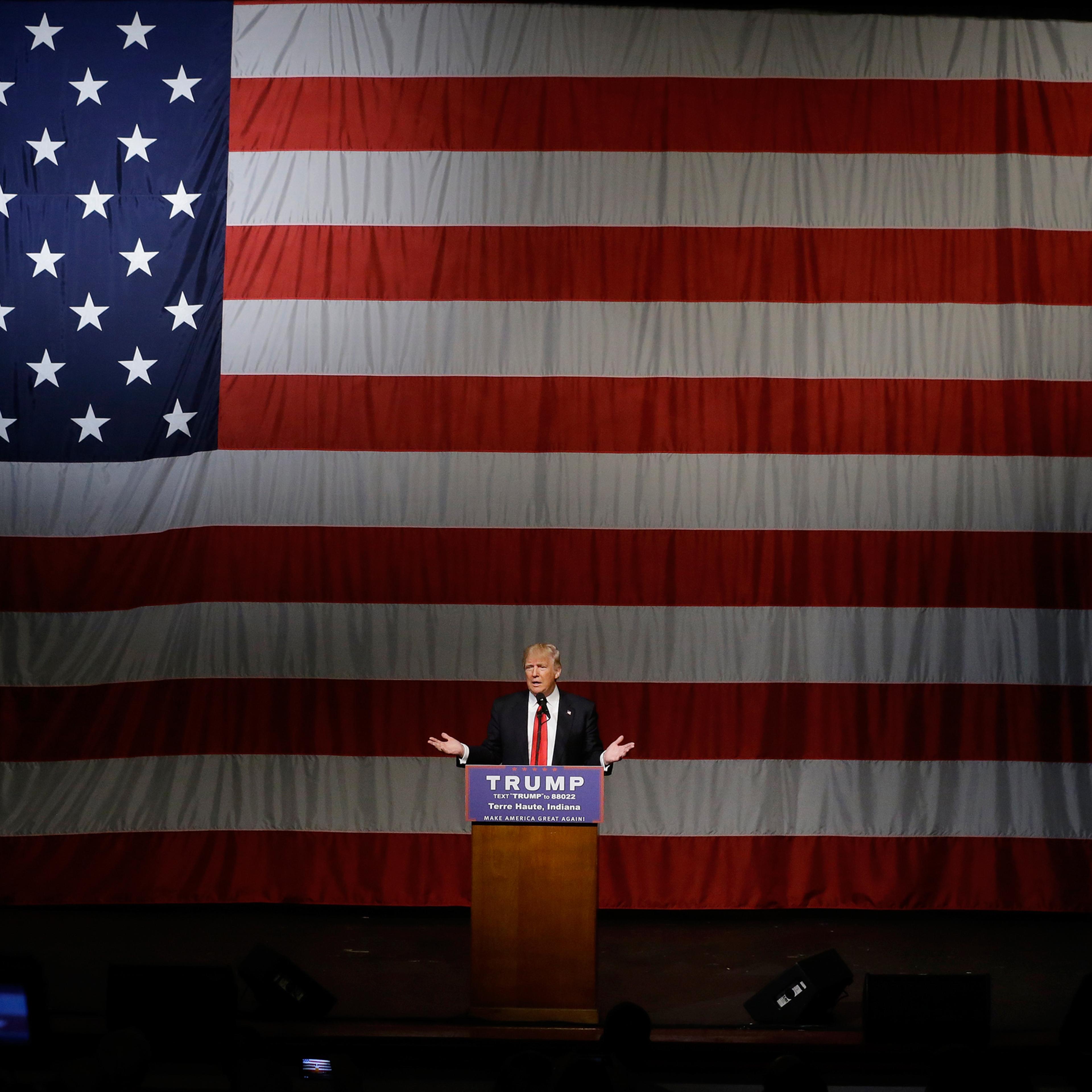 Republican presidential candidate Donald Trump speaks during a campaign rally at the Indiana Theater Sunday, May 1, 2016, in Terre Haute, Ind. (AP Photo/Seth Perlman)