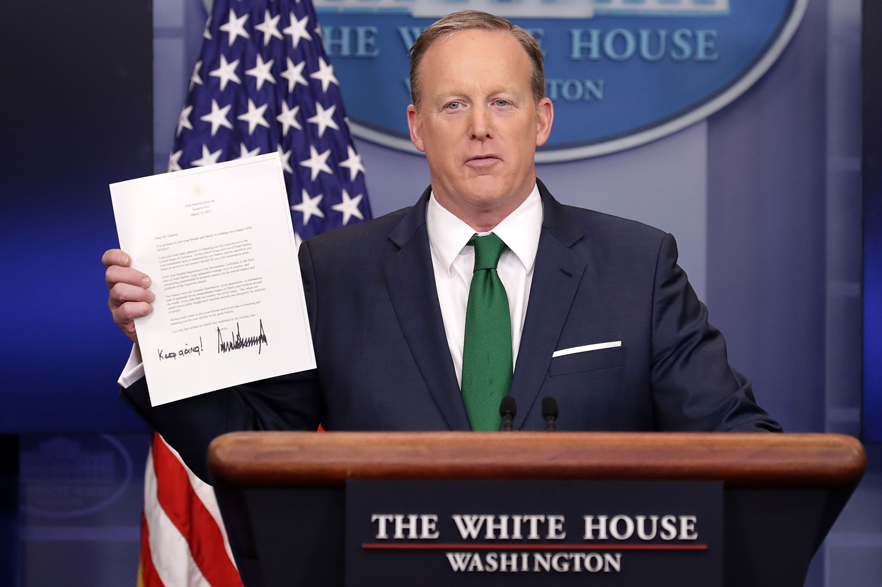 OMB Director Mick Mulvaney And White House Press Secretary Sean Spicer Brief The Media At The White House