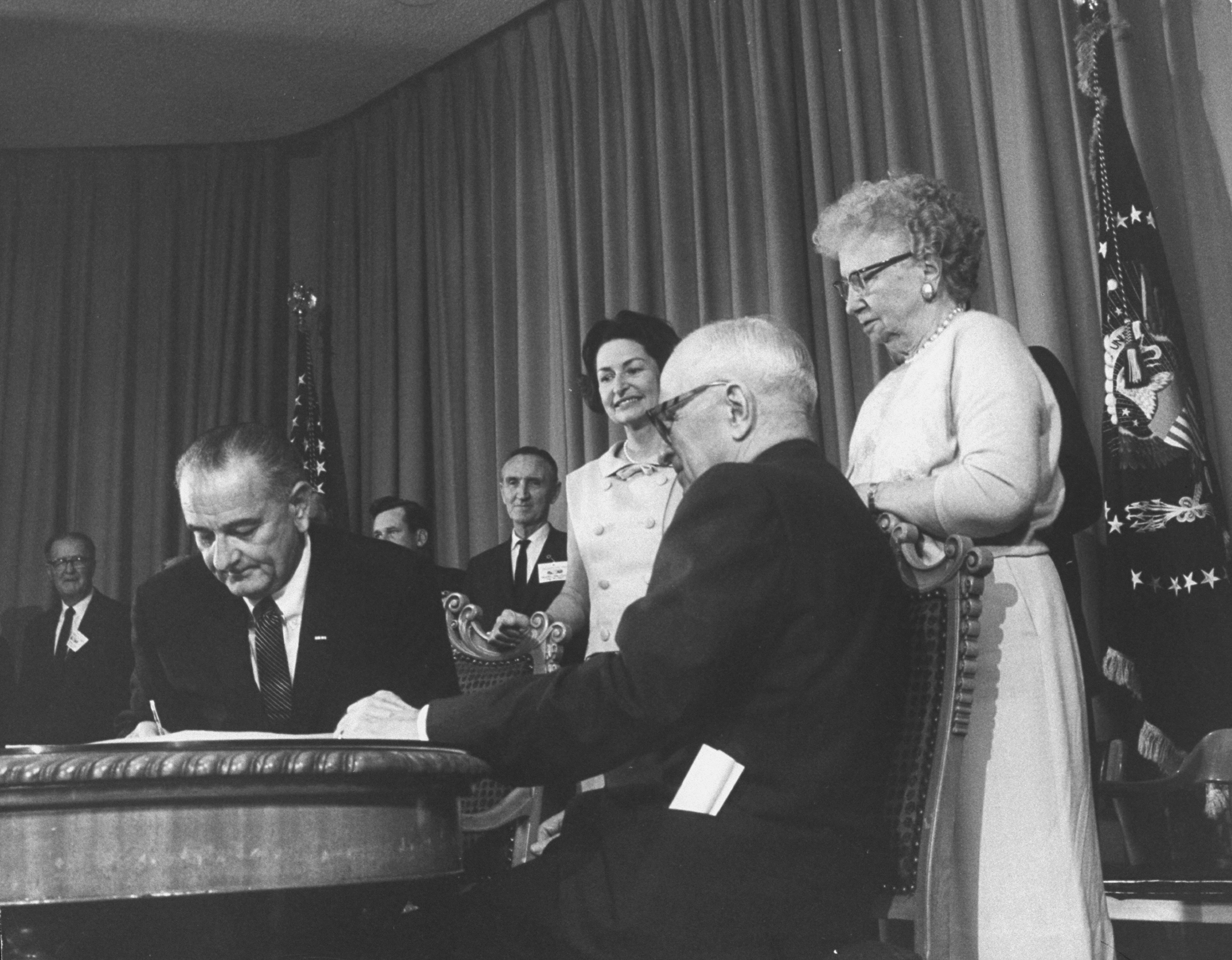 Harry And Bess Truman And Lyndon And Lady Bird Johnson At Medicare Bill Signing