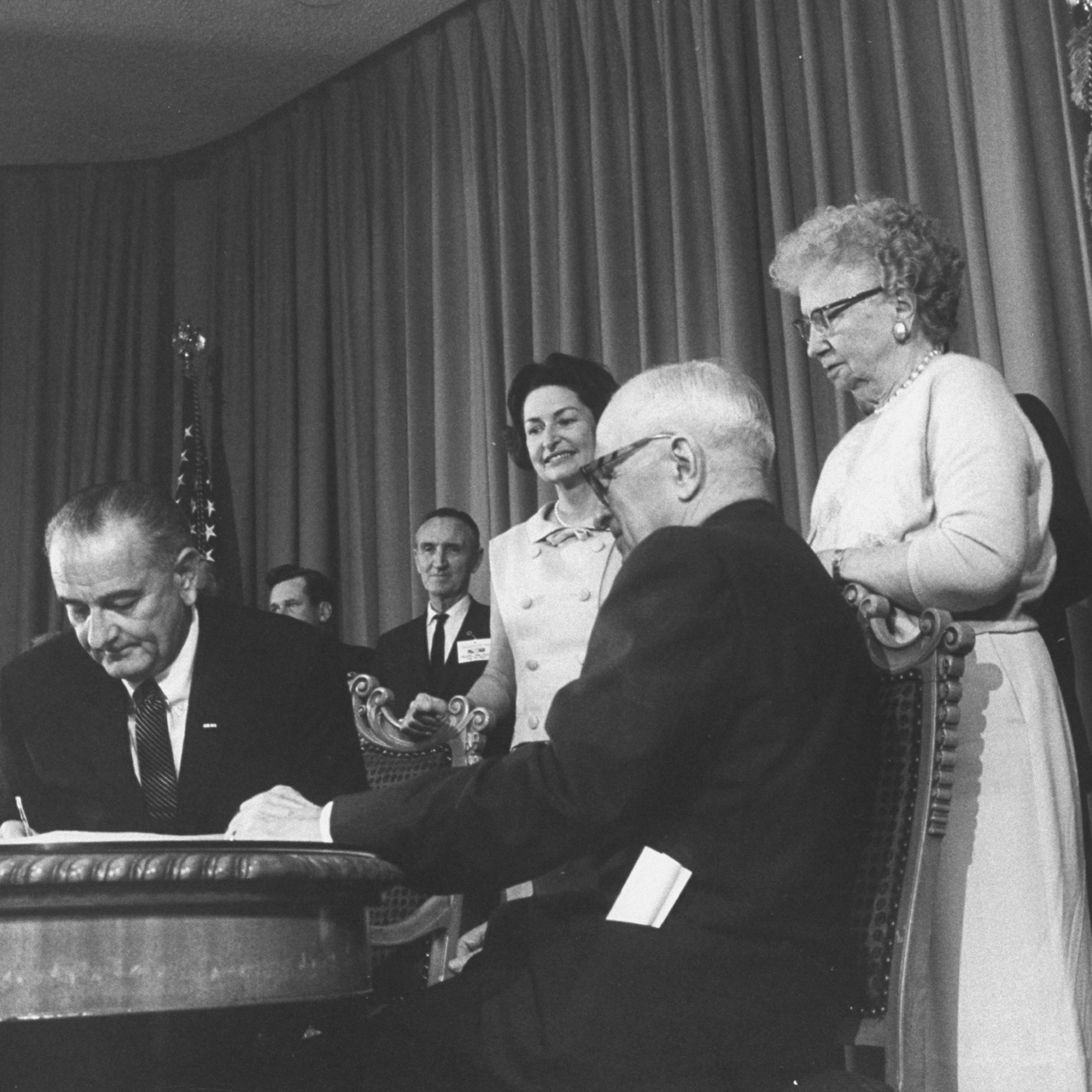 Harry And Bess Truman And Lyndon And Lady Bird Johnson At Medicare Bill Signing