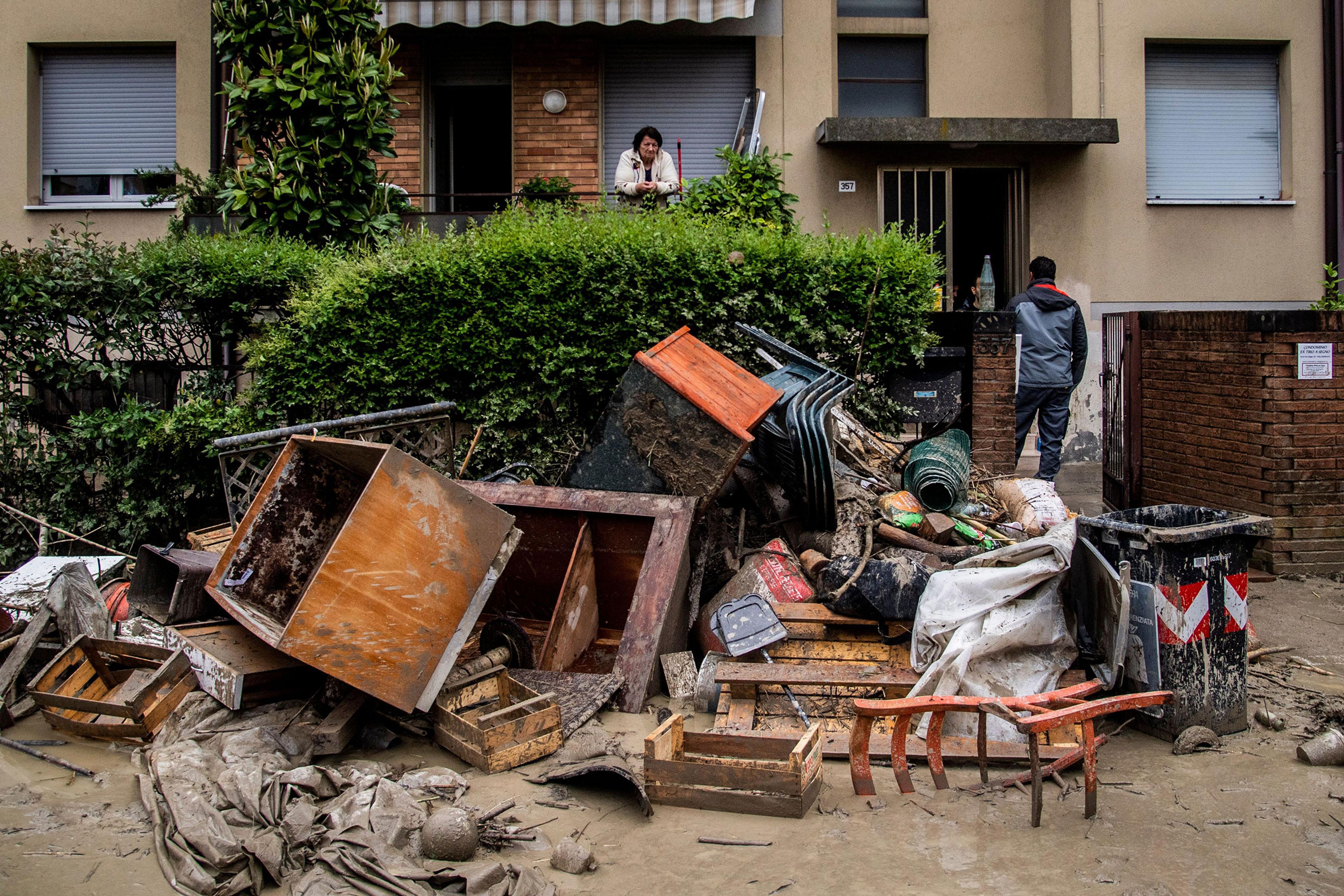 Damaged furniture outside of a home from the flooding in Cesena on May 17.