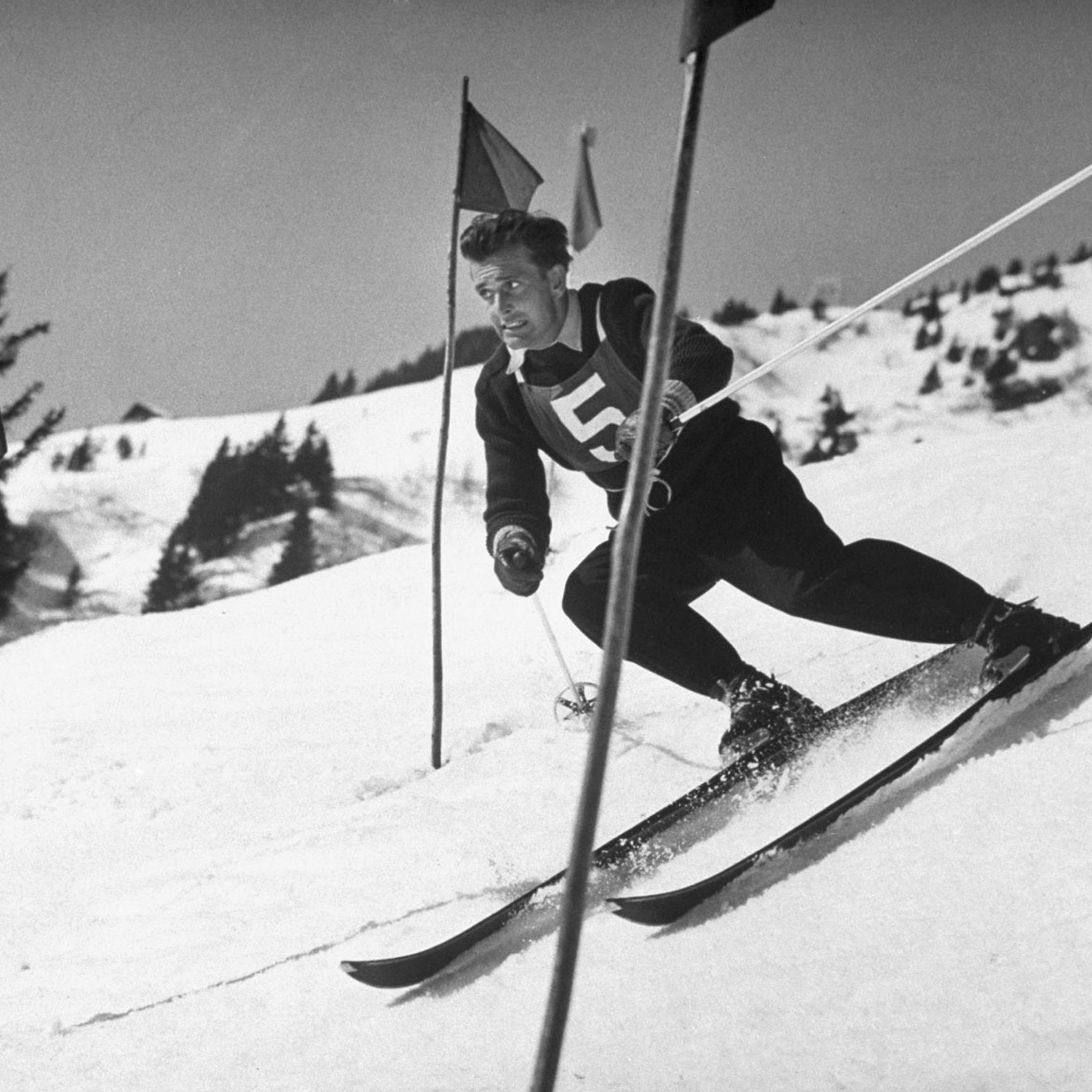 France's James Couttet driving through the slalom in Murren, Switzerland, in 1950.