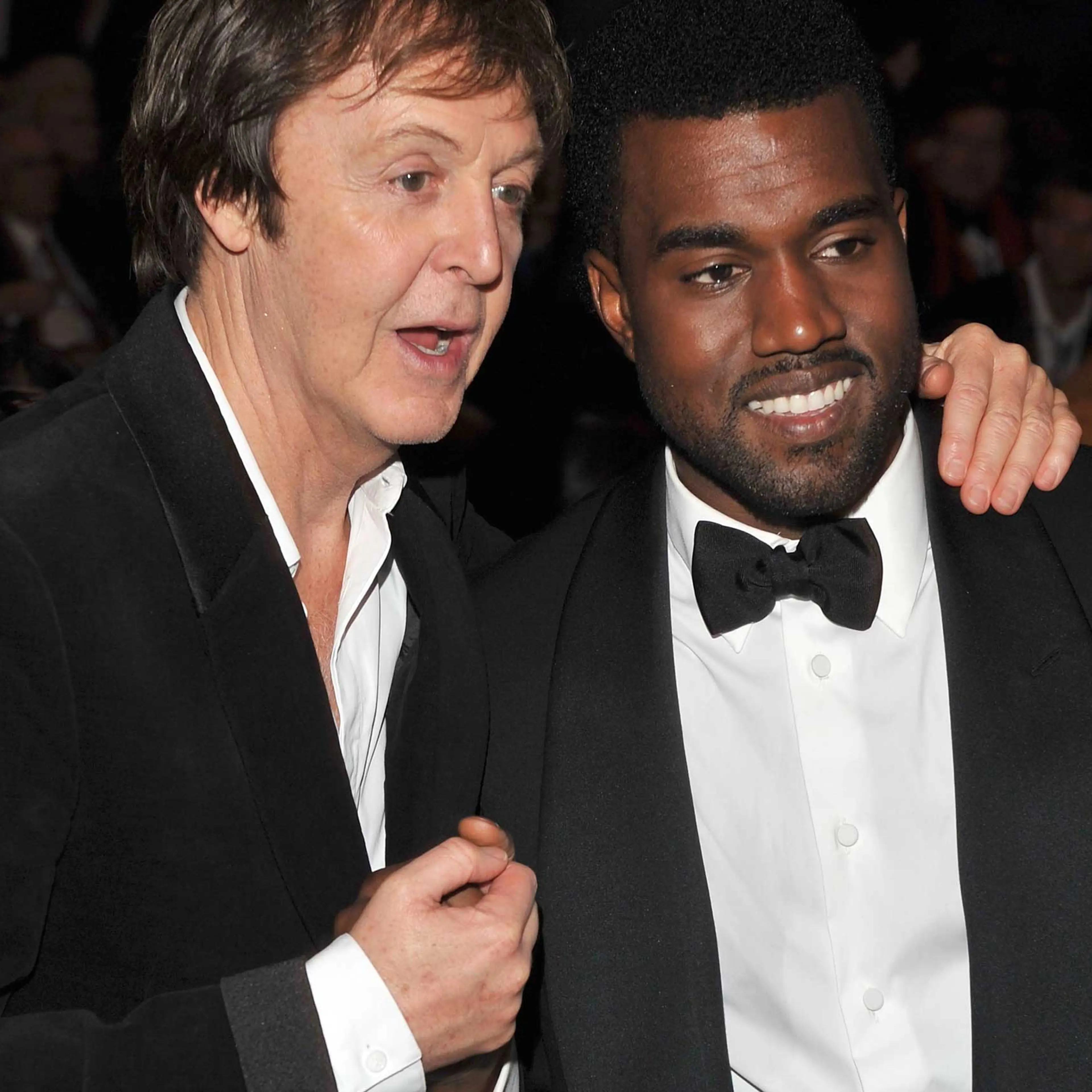 Musicians Paul McCartney and Kanye West together at the Grammy's in 2009.