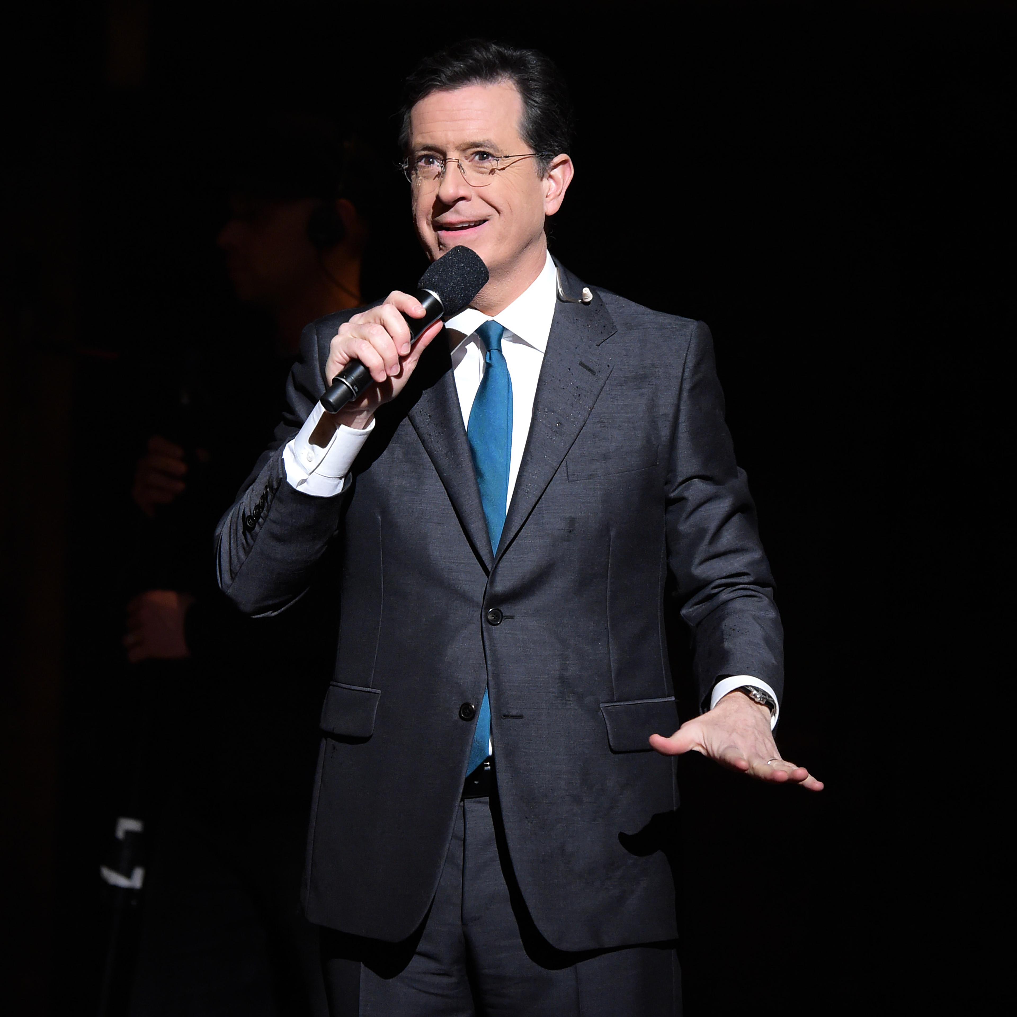 TV Host, comedian Stephen Colbert speaks on stage prior to "Hamilton" GRAMMY performance for The 58th GRAMMY Awards at Richard Rodgers Theater on February 15, 2016 in New York City.