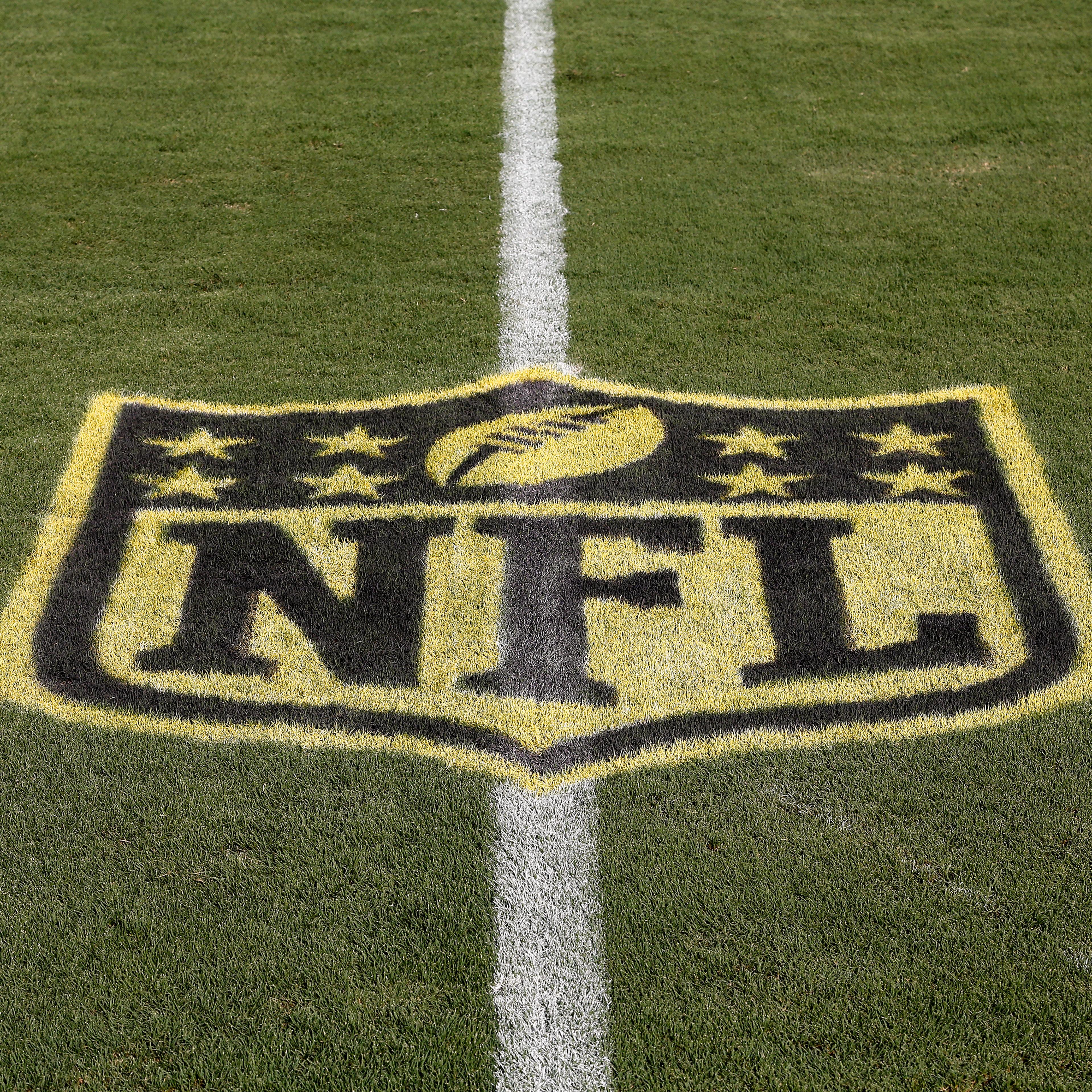 A general view of the gold NFL shield on the field before the Pittsburgh Steelers played against the Jacksonville Jaguars in an NFL preseason football game at EverBank Field on Aug. 14, 2015 in Jacksonville, Fla.
