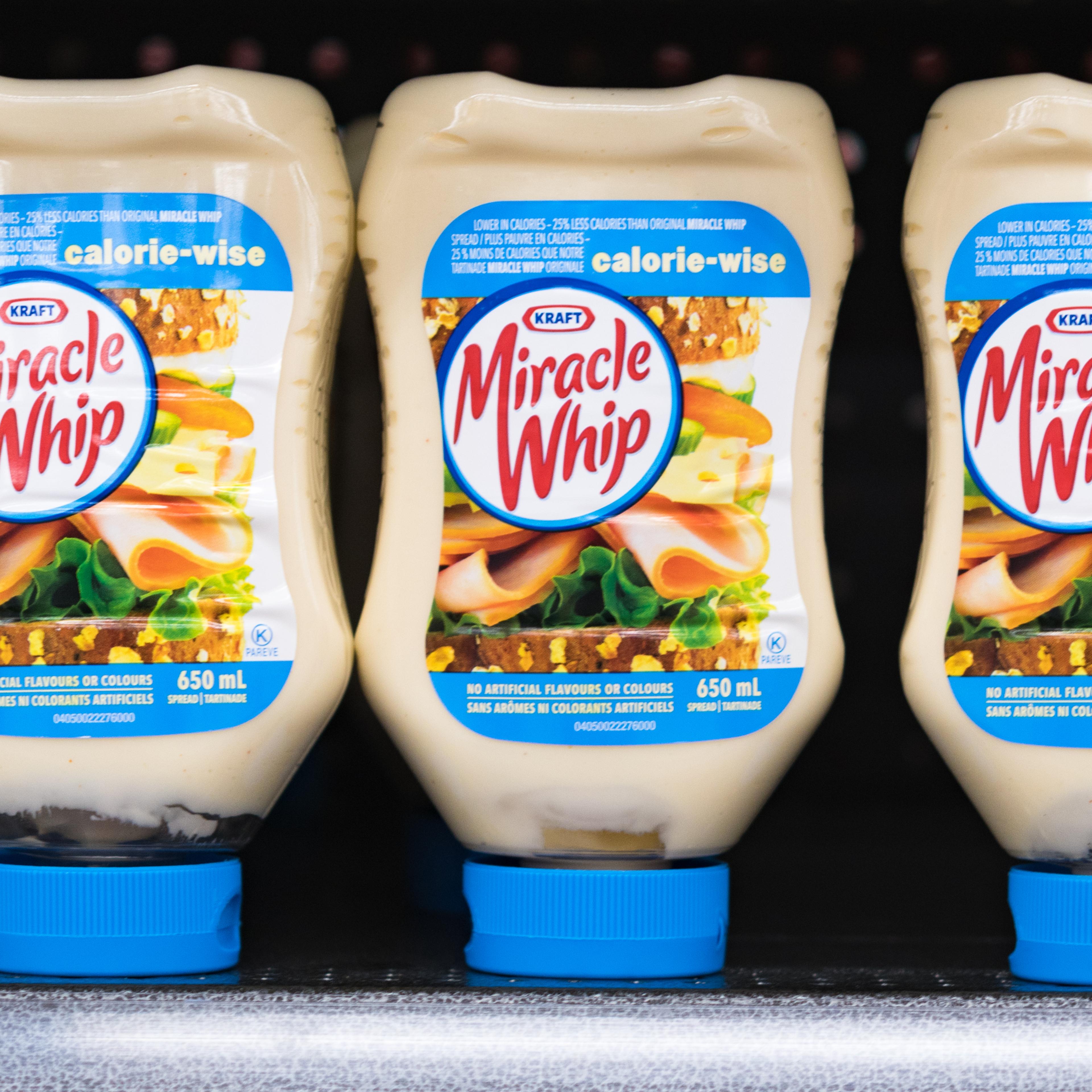 Kraft Miracle Whip on a store shelf, salad dressing bottles