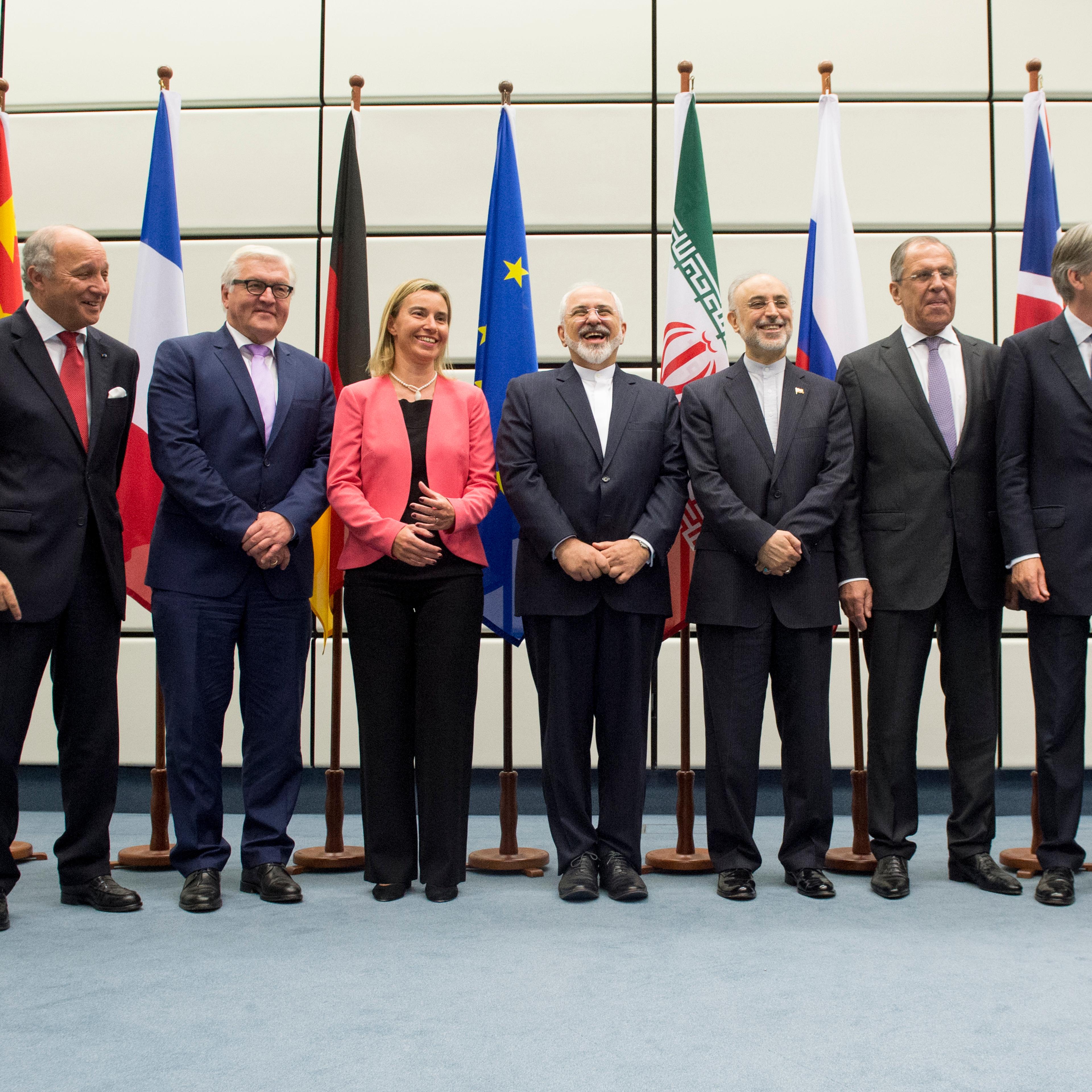 (L-R) Chinese Foreign Minister Wang Yi, French Foreign Minister Laurent Fabius, German Foreign Minister Frank-Walter Steinmeier, European Union High Representative Federica Mogherini, Iranian Foreign Minister Mohammad Javad Zarif, Head of the Iranian Ato