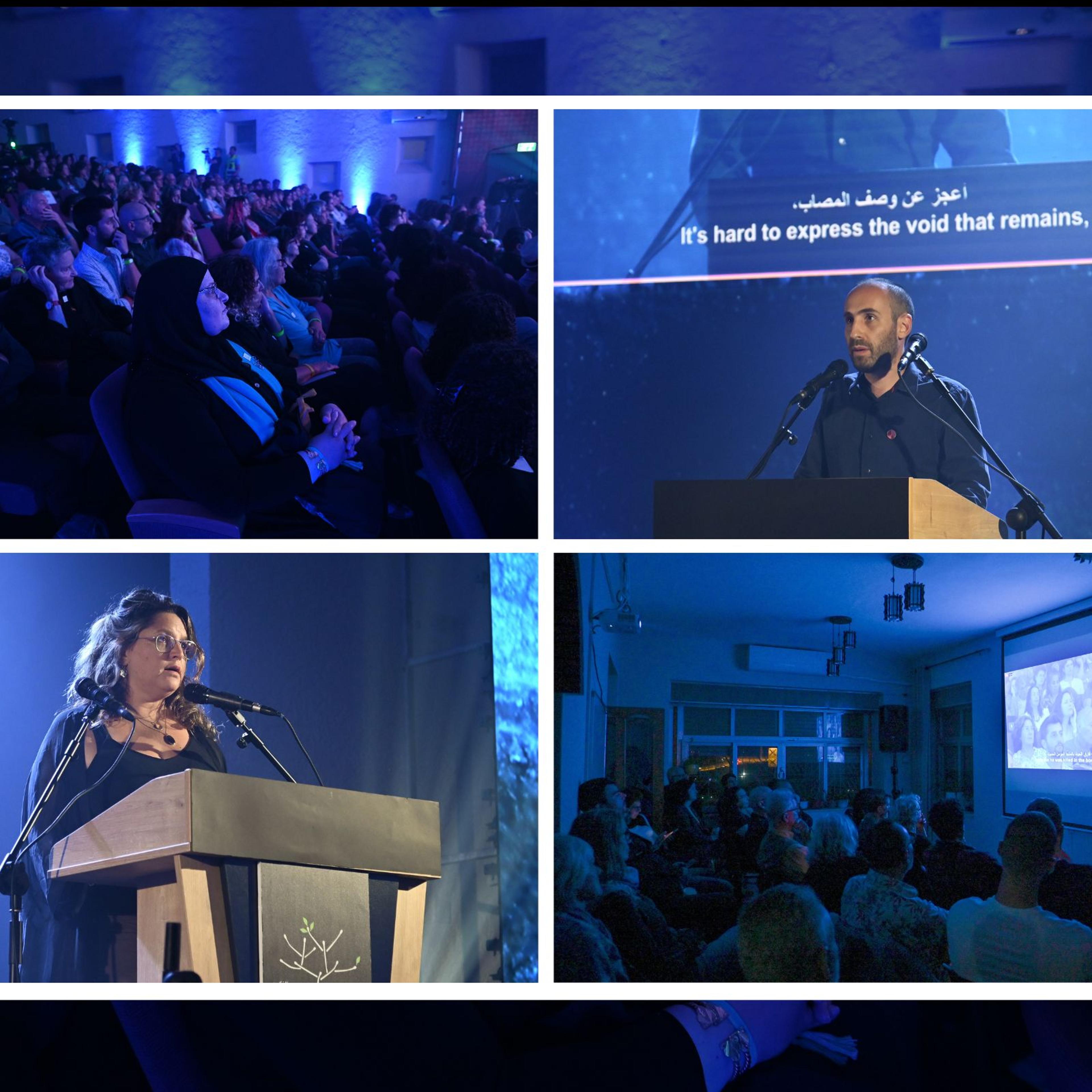 Clockwise from top left: Israelis attend the taping of the joint Palestinian-Israeli memorial day ceremony; Jonathan Zeigen speaks during the ceremony; Palestinians in Beit Jalla watch the taped version of the ceremony; Michal Halev speaks during the cre