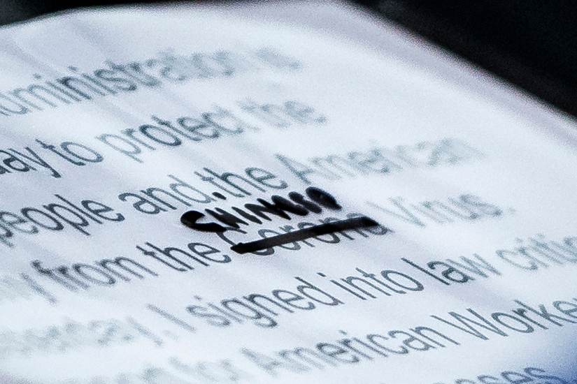 A close-up of President Trump's notes shows where the word "Corona" was crossed out and replaced with "Chinese" during a briefing at the White House on March 19, 2020.