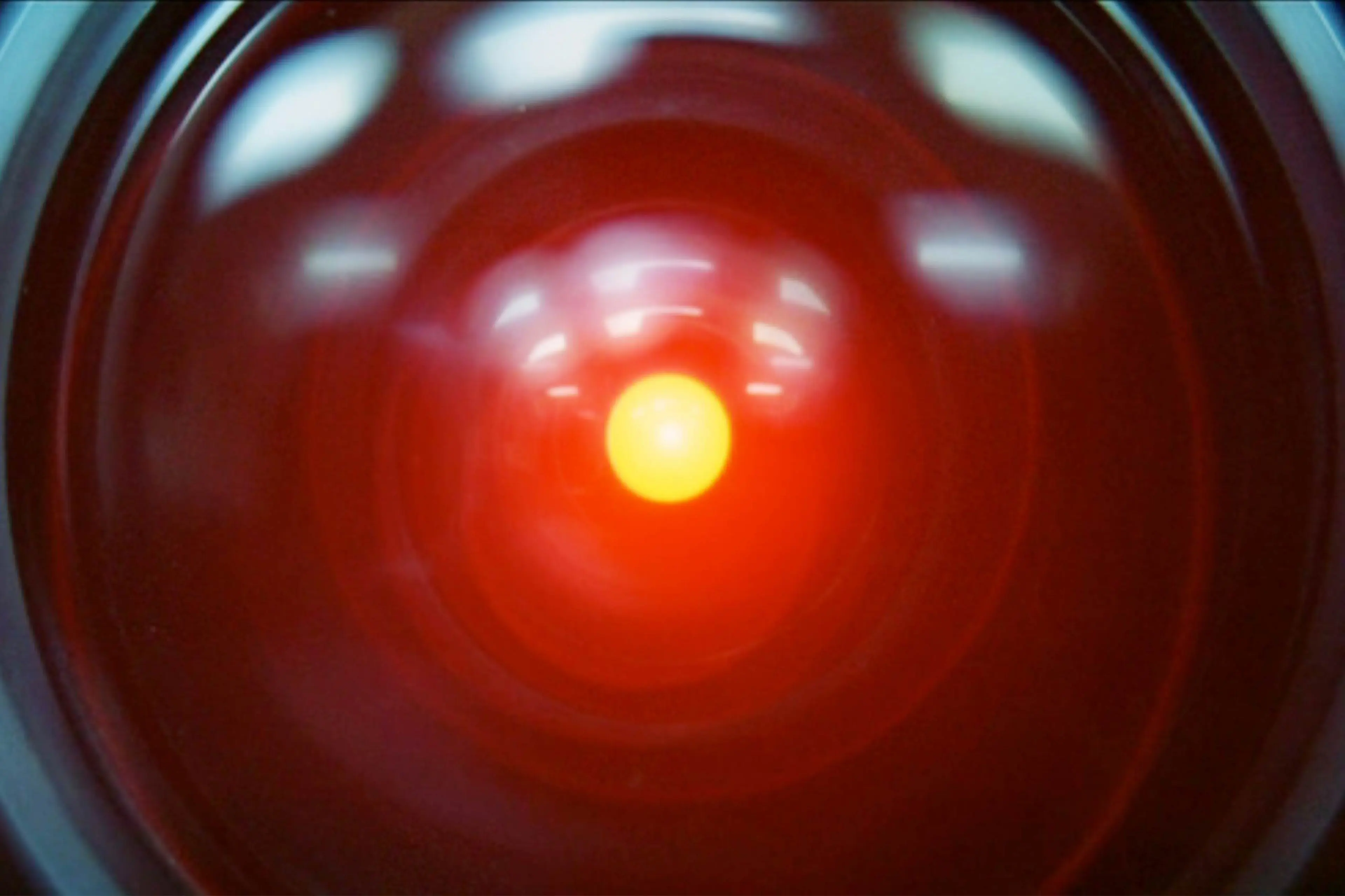 The movie "2001: A Space Odyssey", directed by Stanley Kubrick. Screenplay by Stanley Kubrick and Arthur C. Clarke. The camera eye of the HAL 9000 computer on Discovery One spaceship. Initial theatrical release April 6, 1968. Screen capture. © 1968 Metro
