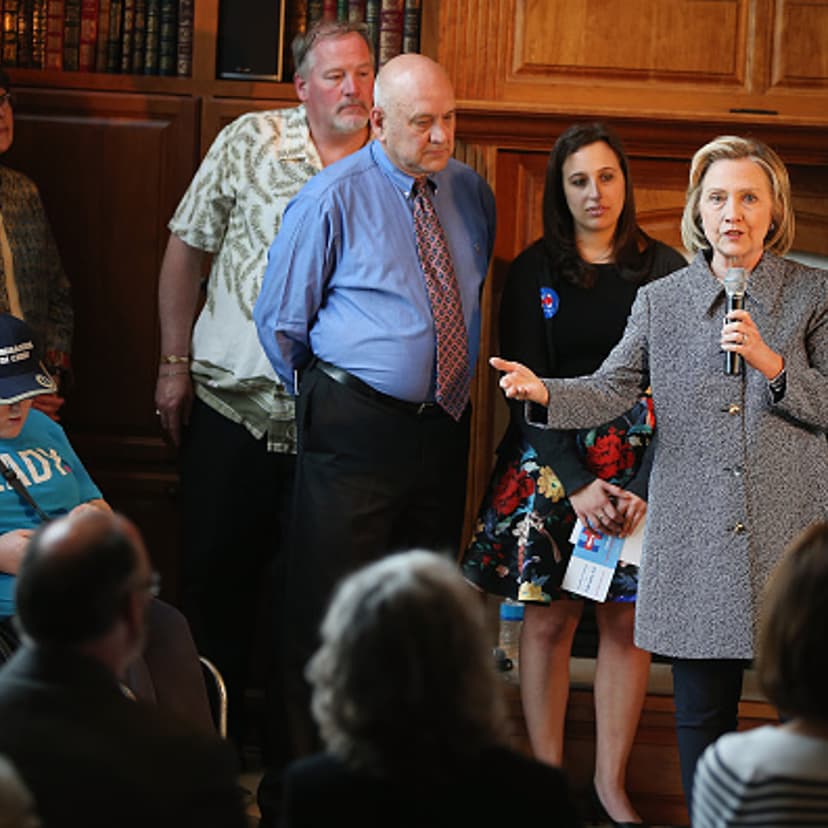 Democratic presidential hopeful and former U.S. Secretary of State Hillary Clinton speaks during a grassroots-organizing event at the home of Dean Genth and Gary Swenson on May 18, 2015 in Mason City, Iowa.