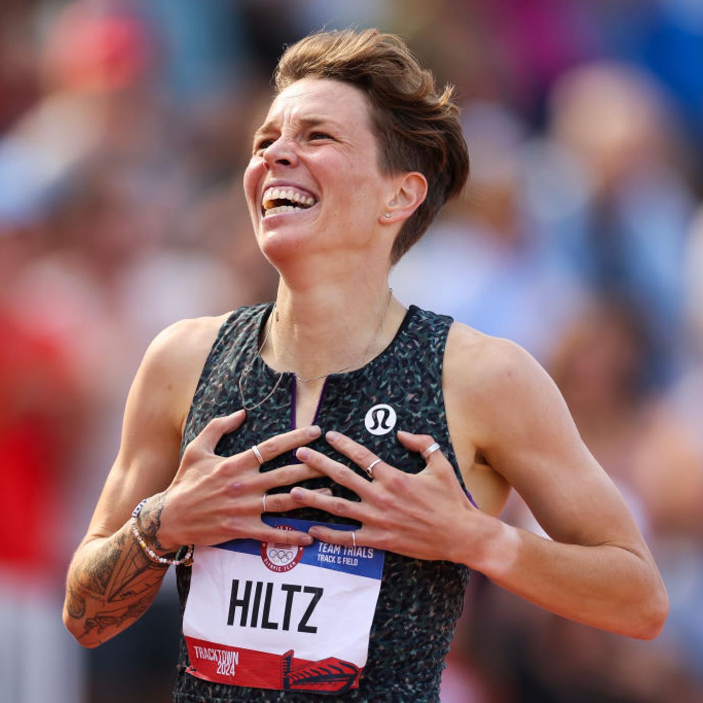 Nikki Hiltz reacts after winning in the women's 1500-meter final on Day Ten of the 2024 U.S. Olympic Team Track & Field Trials at Hayward Field on June 30, 2024 in Eugene, Ore.