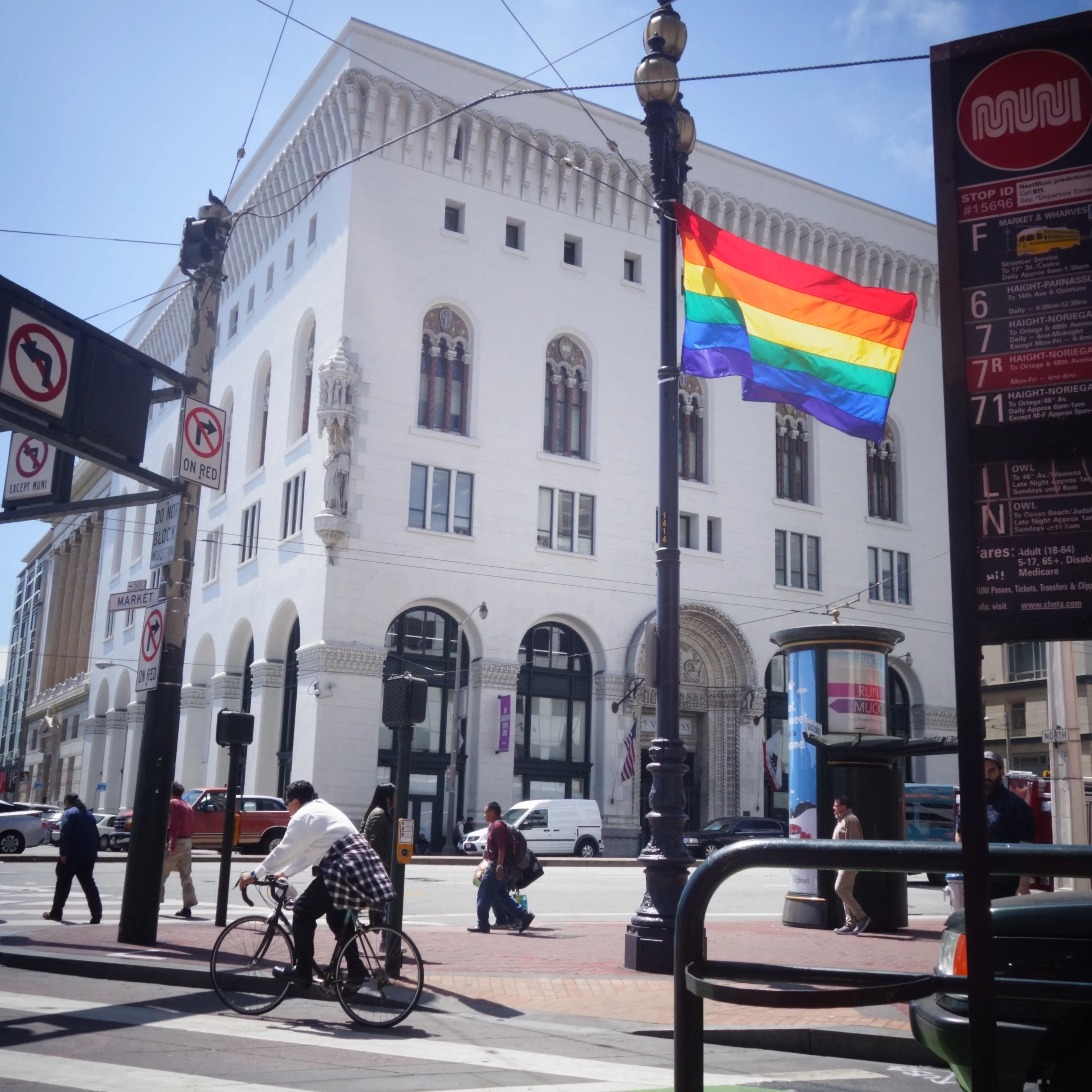 A rainbow flag, a symbol of the LGBT community, flies in San Francisco at the corners of Market Street and Van Ness on June 13, 2016.