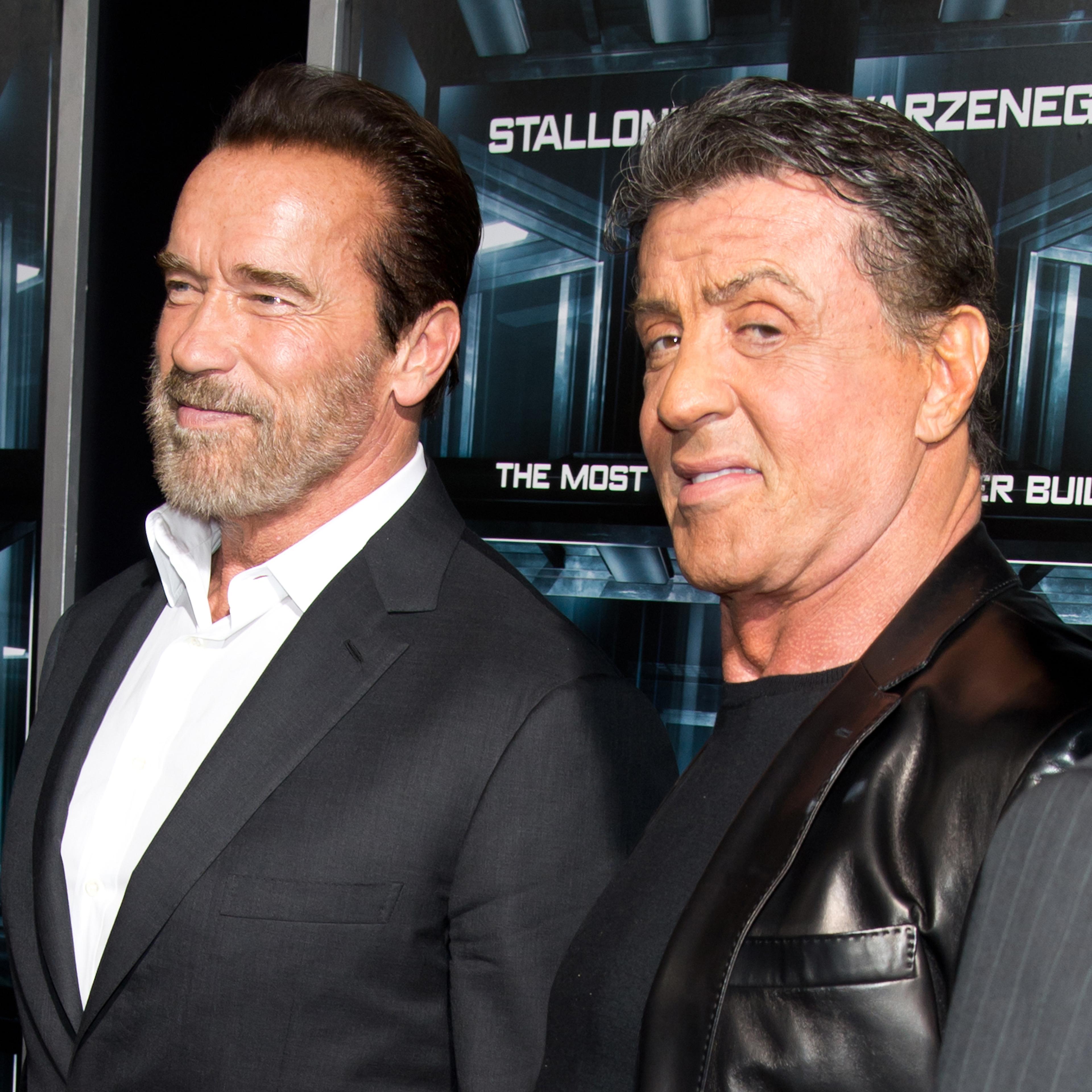 NEW YORK, NY - OCTOBER 15: Actors Arnold Schwarzenegger and Sylvester Stallone attend the "Escape Plan" premiere at Regal E-Walk on October 15, 2013 in New York City.