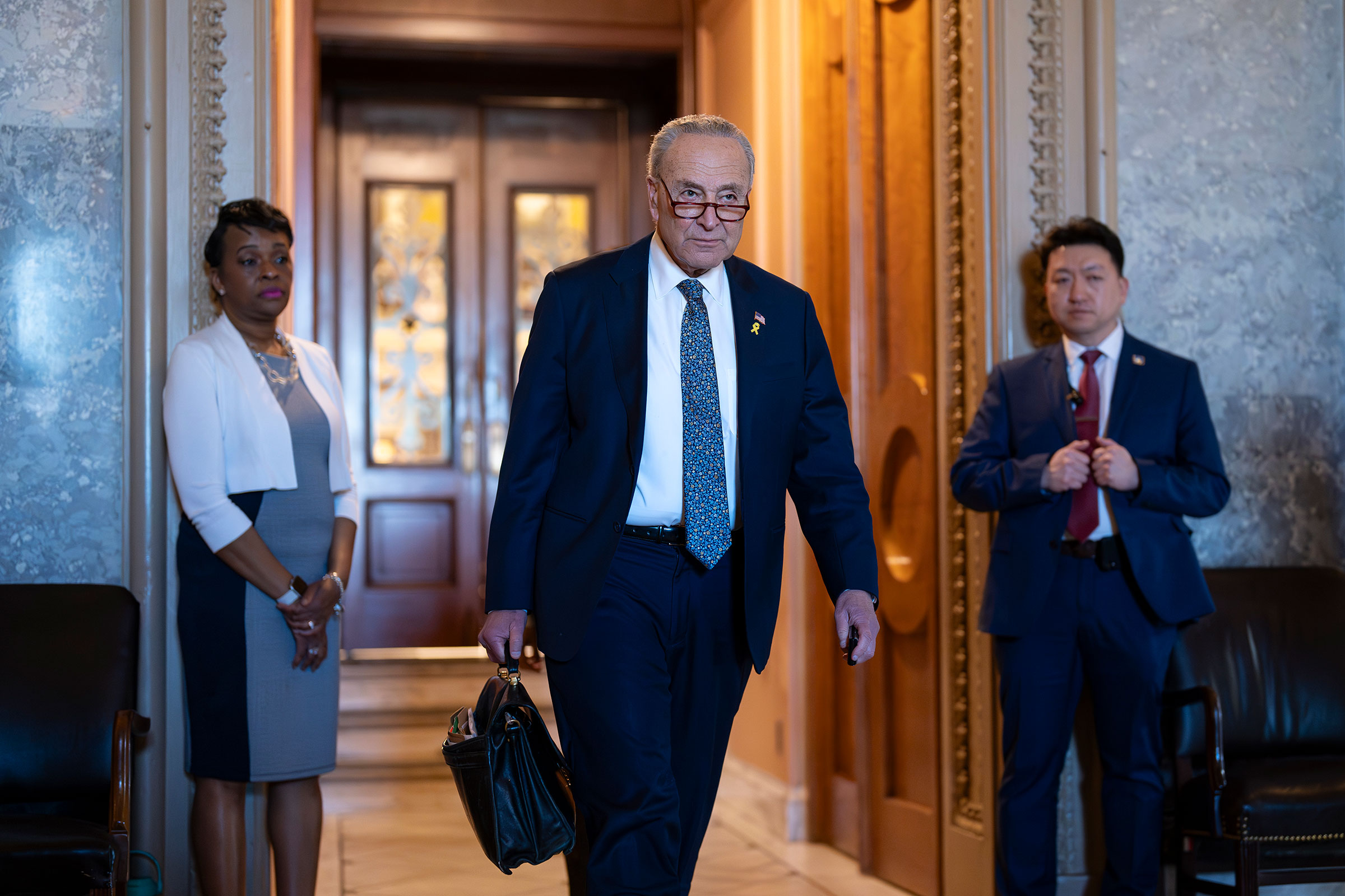 Senate Majority Leader Chuck Schumer departs after saying he believes Israeli Prime Minister Benjamin Netanyahu has "lost his way" and is an obstacle to peace in the region amid a growing humanitarian crisis in Gaza, at the Capitol in Washington, on Marc