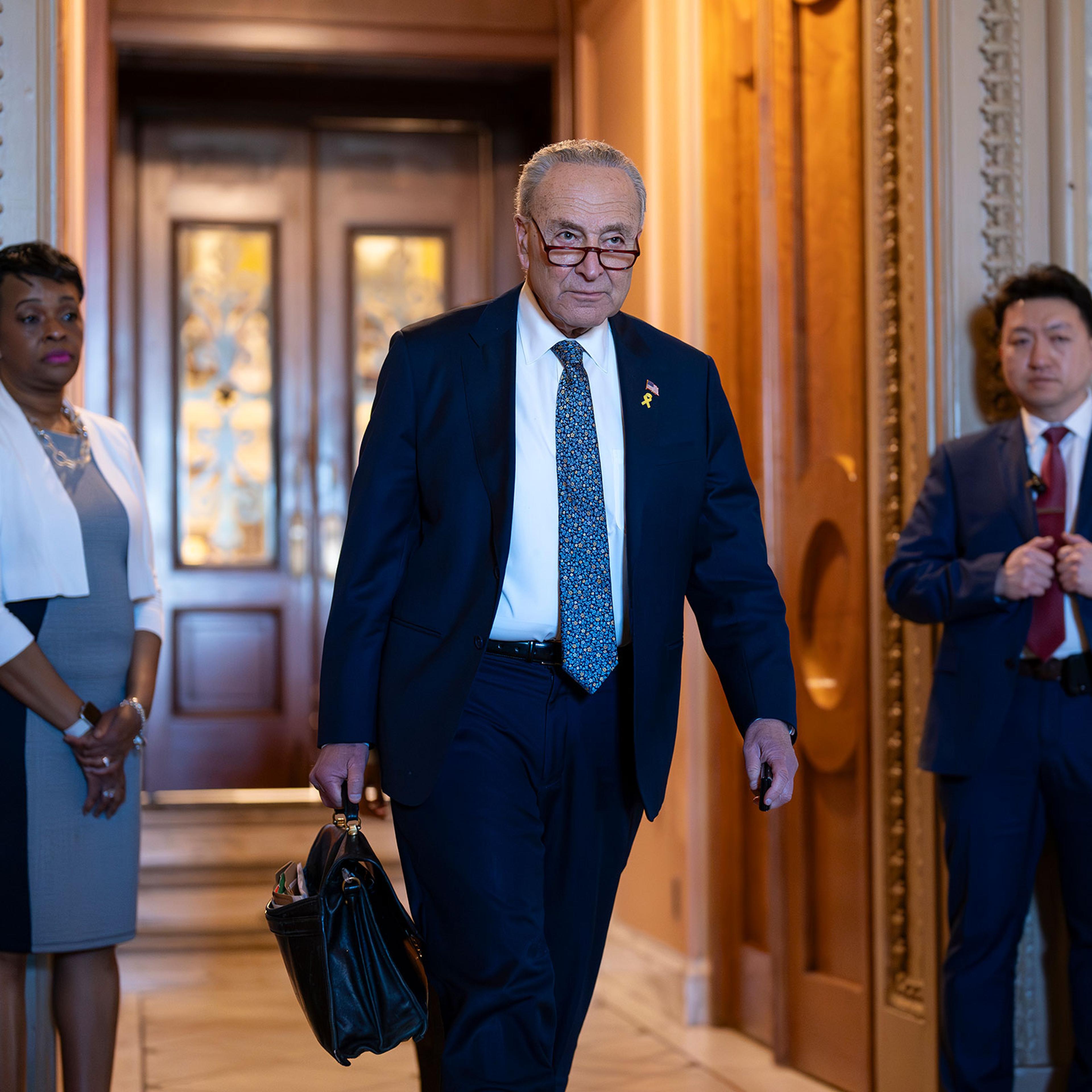 Senate Majority Leader Chuck Schumer departs after saying he believes Israeli Prime Minister Benjamin Netanyahu has "lost his way" and is an obstacle to peace in the region amid a growing humanitarian crisis in Gaza, at the Capitol in Washington, on Marc