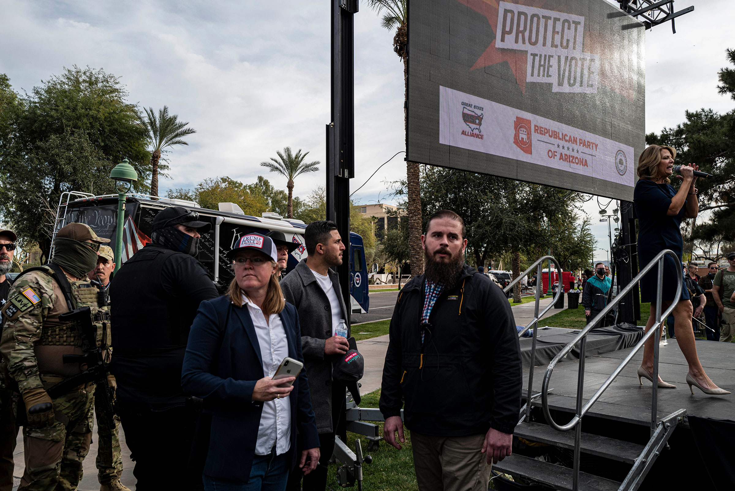 Kelli Ward, chair of the Arizona Republican party, speaks onstage at a protest in Phoenix, Jan. 6, 2021. (Adriana Zehbrauskas/The New York Times)