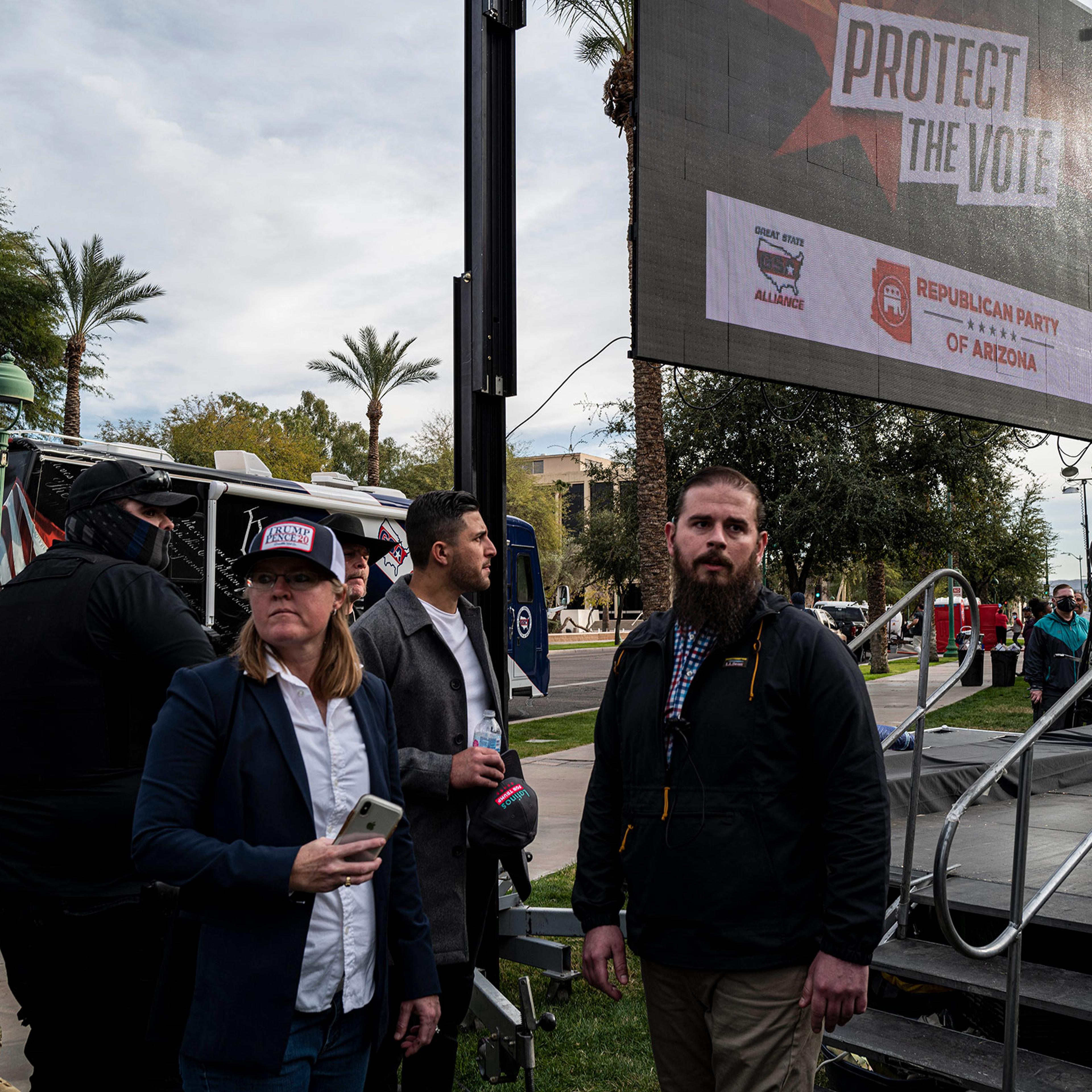 Kelli Ward, chair of the Arizona Republican party, speaks onstage at a protest in Phoenix, Jan. 6, 2021. (Adriana Zehbrauskas/The New York Times)