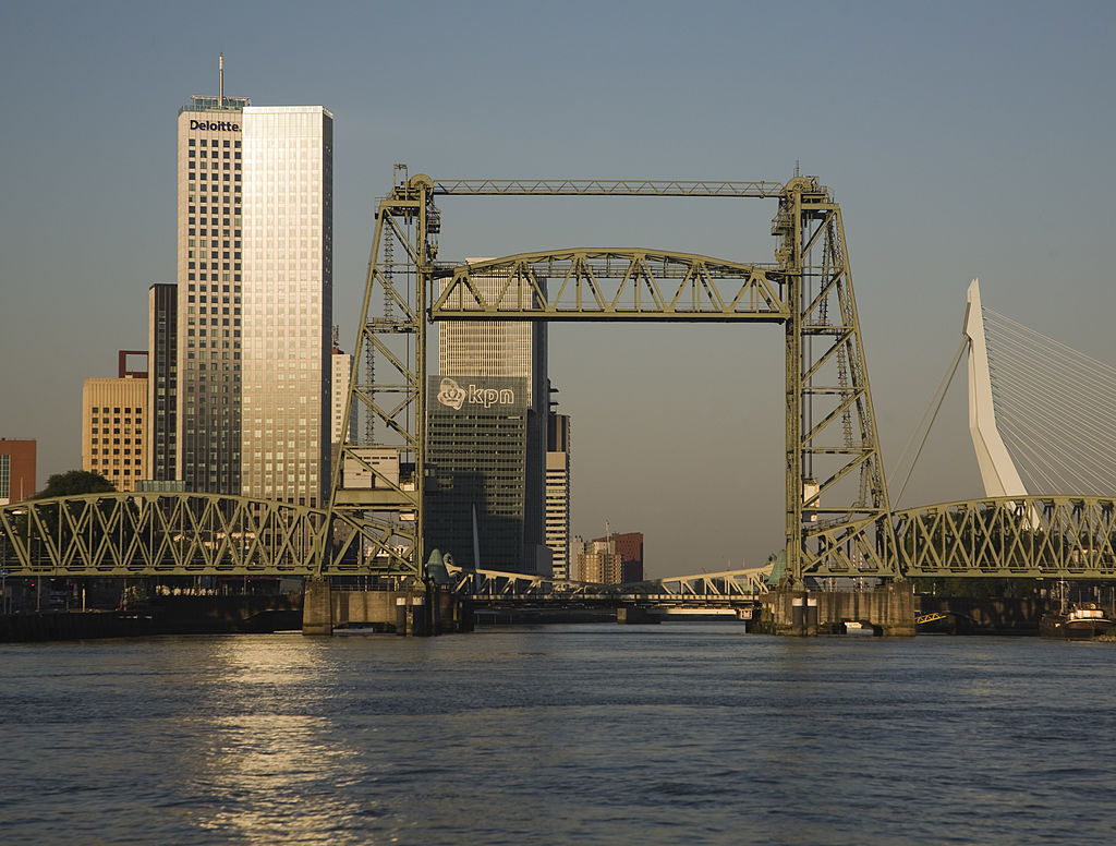 Early morning sunshine on the River Maas and de Hef railway bridge, Koningshaven