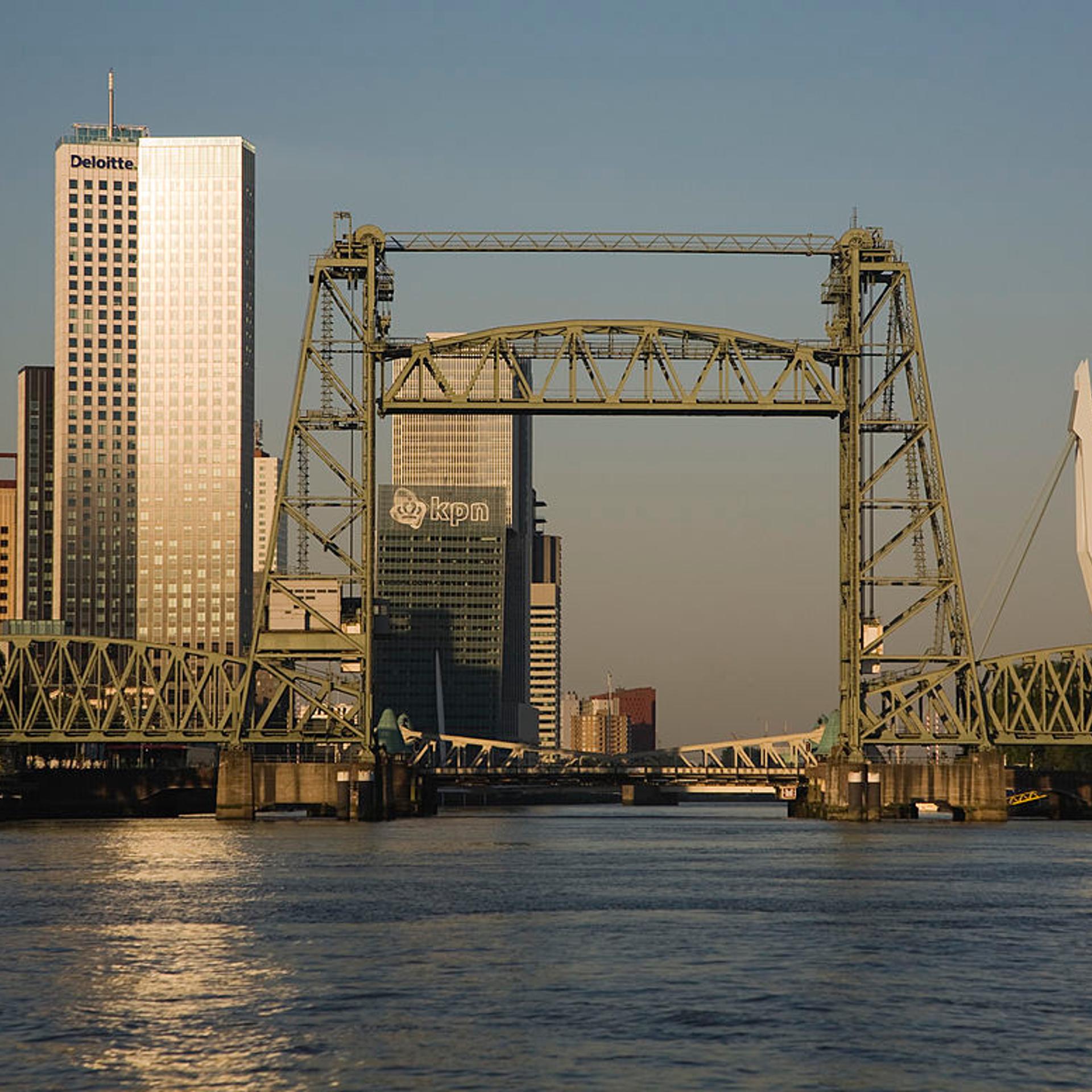 Early morning sunshine on the River Maas and de Hef railway bridge, Koningshaven