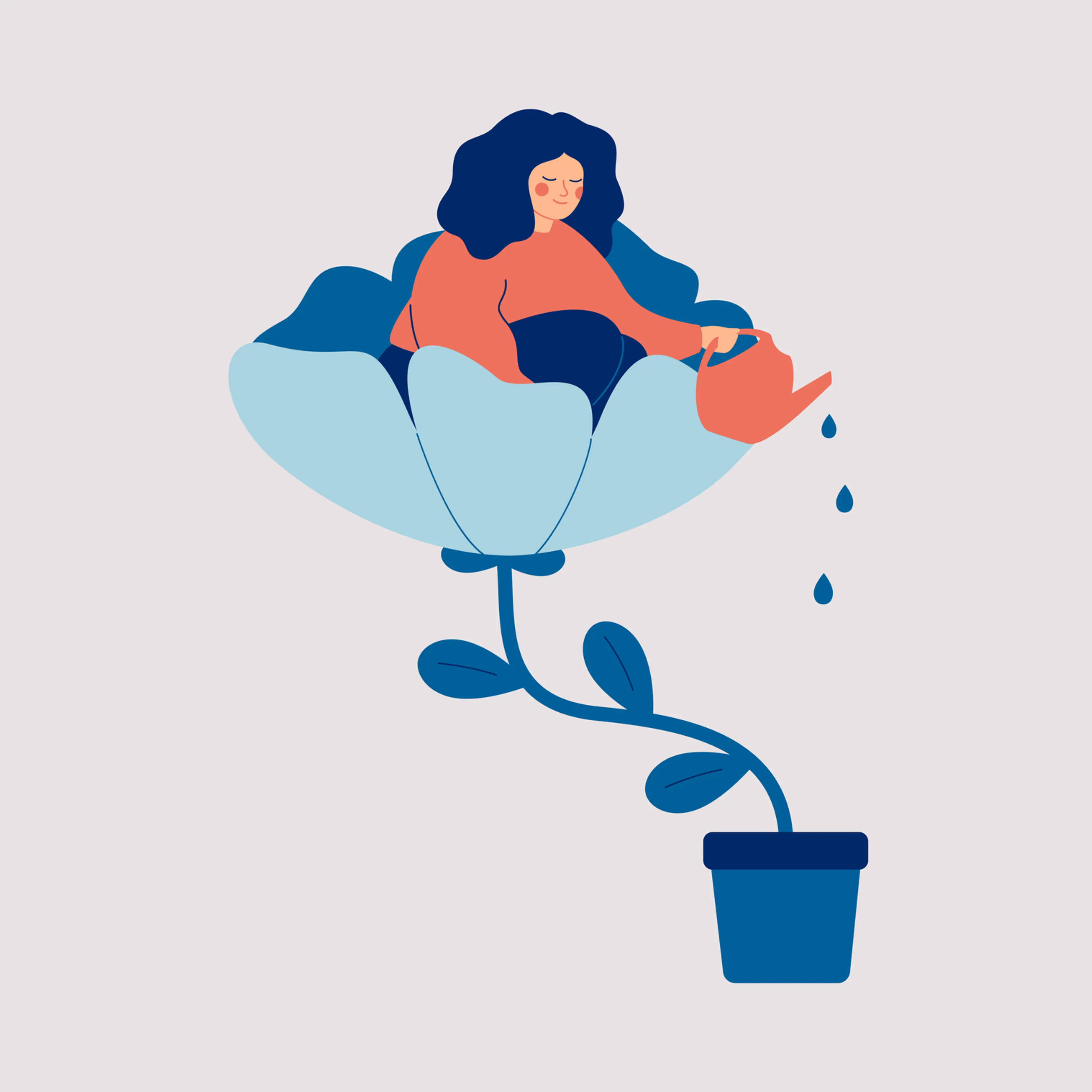 A happy woman sits in the flower and waters it. Smiling girl cares about herself and her future. Concept of love yourself and a healthy lifestyle.