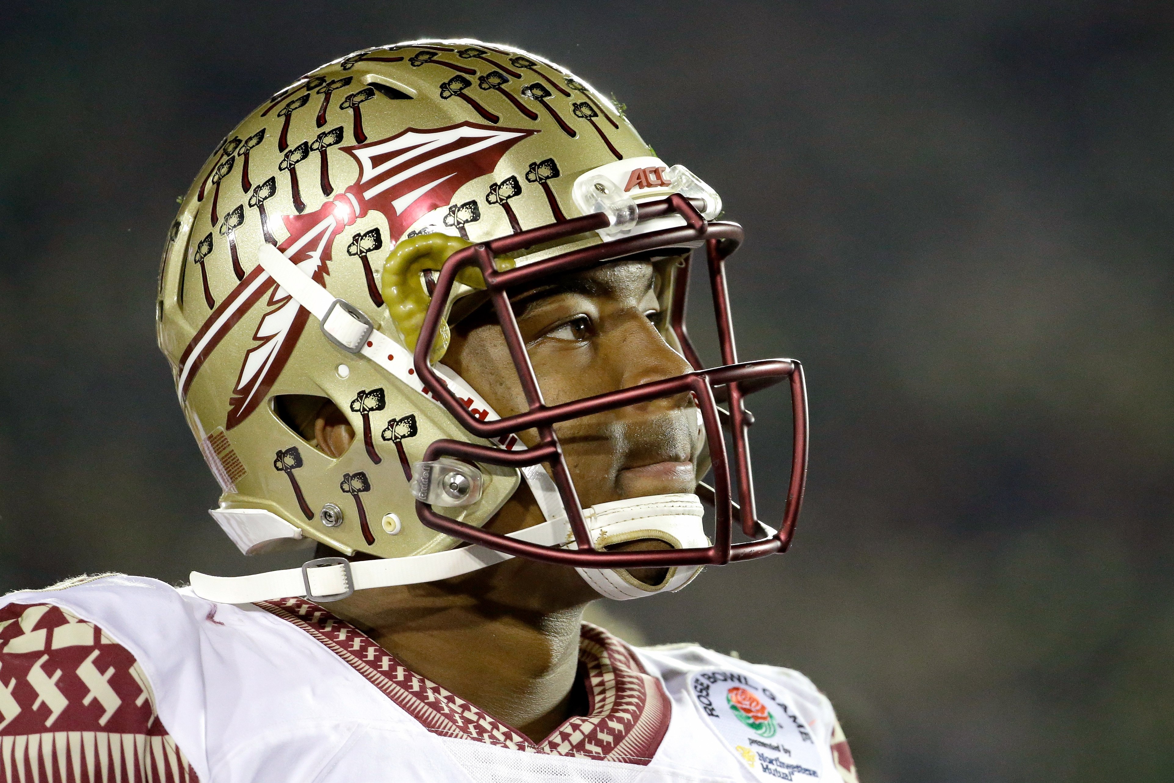 Quarterback Jameis Winston of the Florida State Seminoles looks on during the College Football Playoff Semifinal against the Oregon Ducks at the Rose Bowl Game presented by Northwestern Mutual at the Rose Bowl on Jan. 1, 2015 in Pasadena.