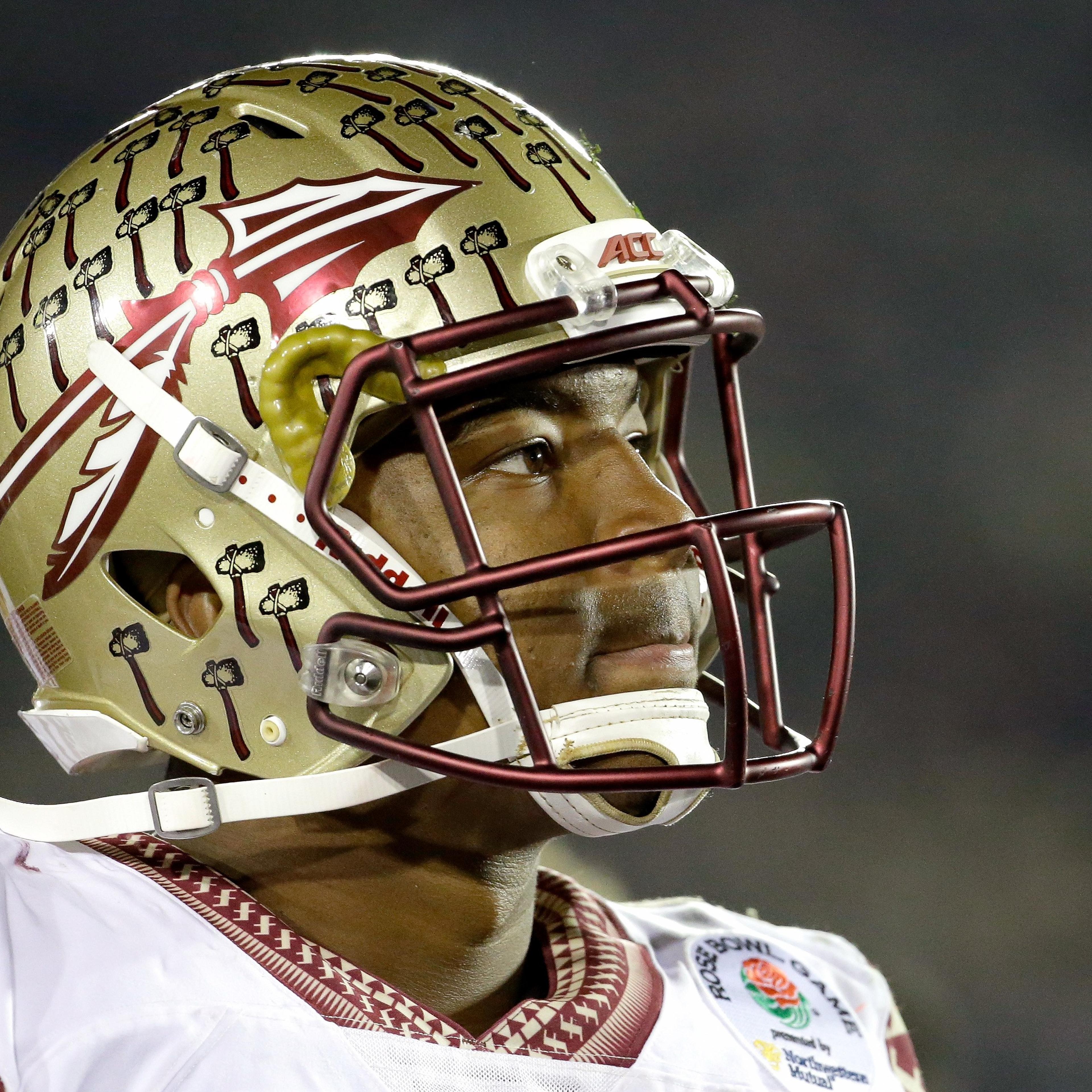 Quarterback Jameis Winston of the Florida State Seminoles looks on during the College Football Playoff Semifinal against the Oregon Ducks at the Rose Bowl Game presented by Northwestern Mutual at the Rose Bowl on Jan. 1, 2015 in Pasadena.